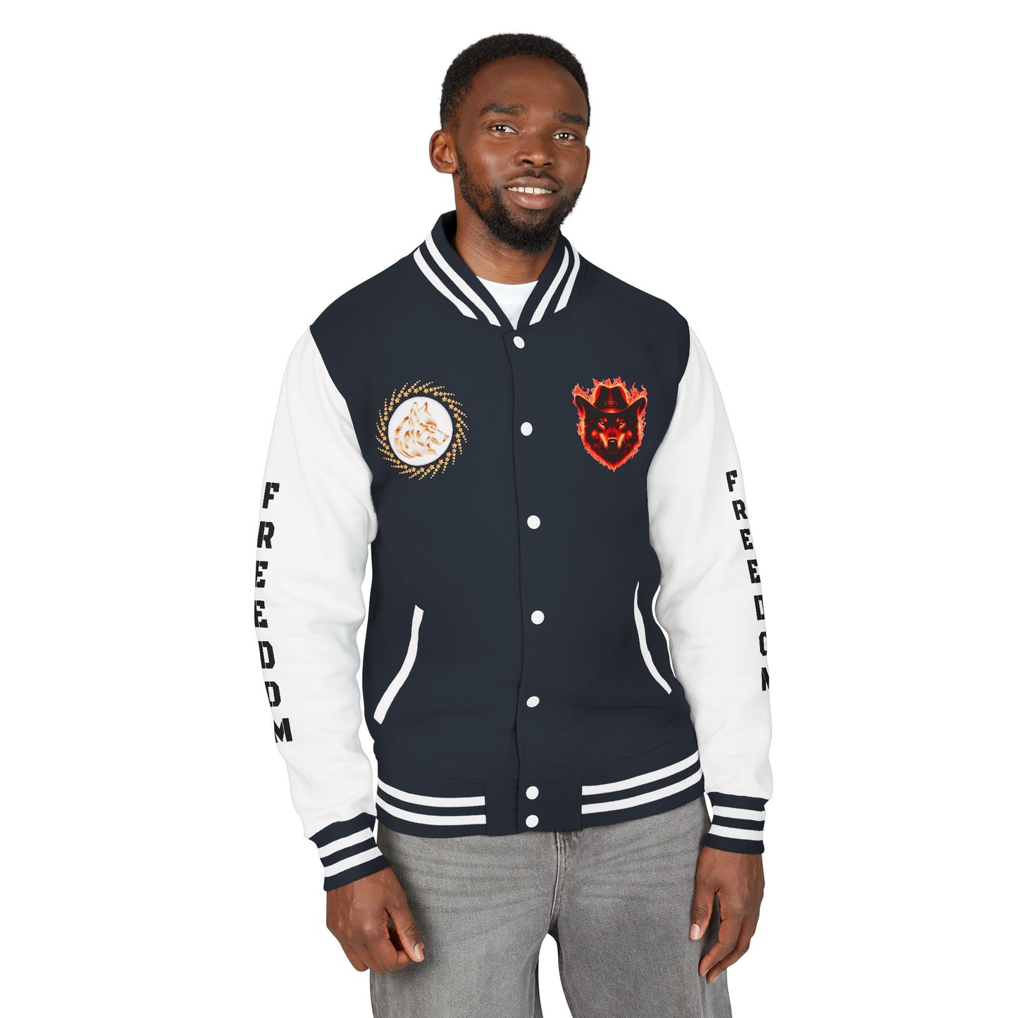 Unisex Heavyweight Letterman Jacket - Freedom Spirit with Wolf and Symbols