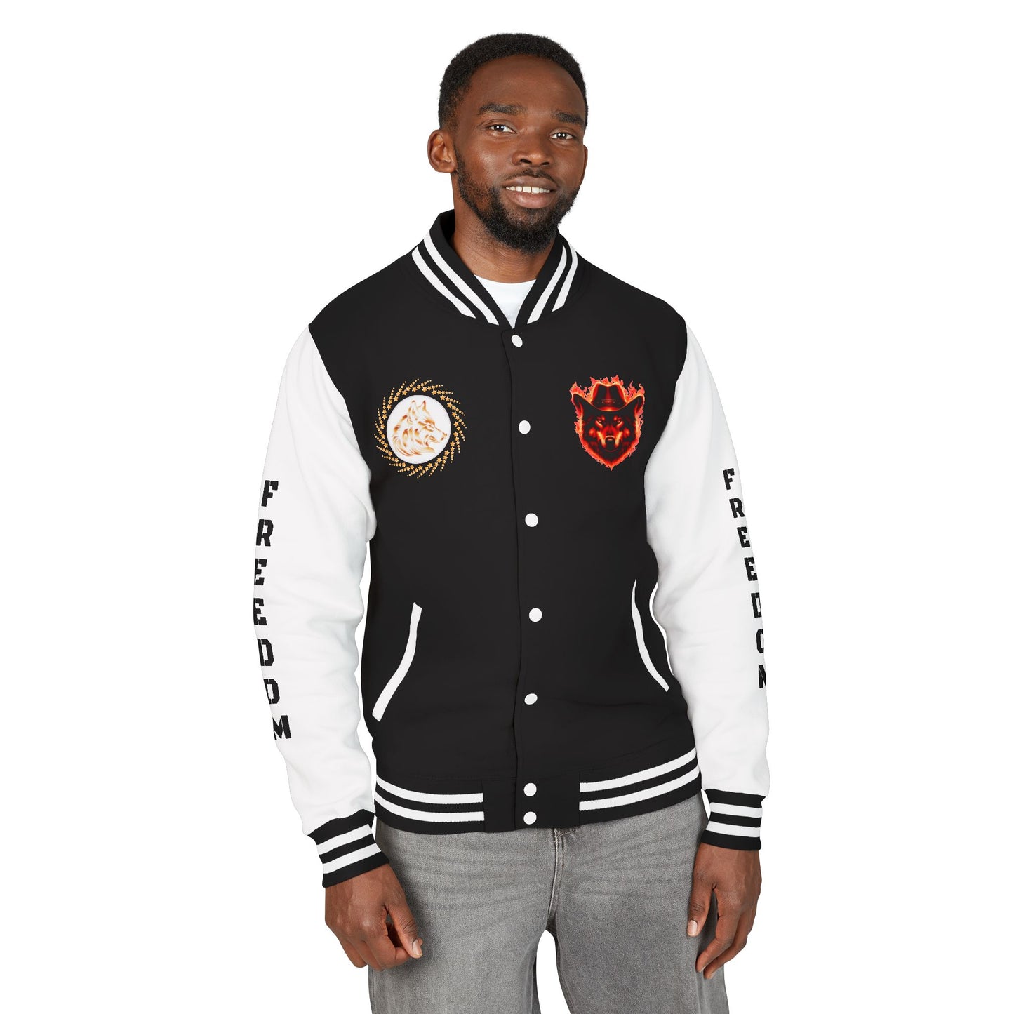 Unisex Heavyweight Letterman Jacket - Freedom Spirit with Wolf and Symbols