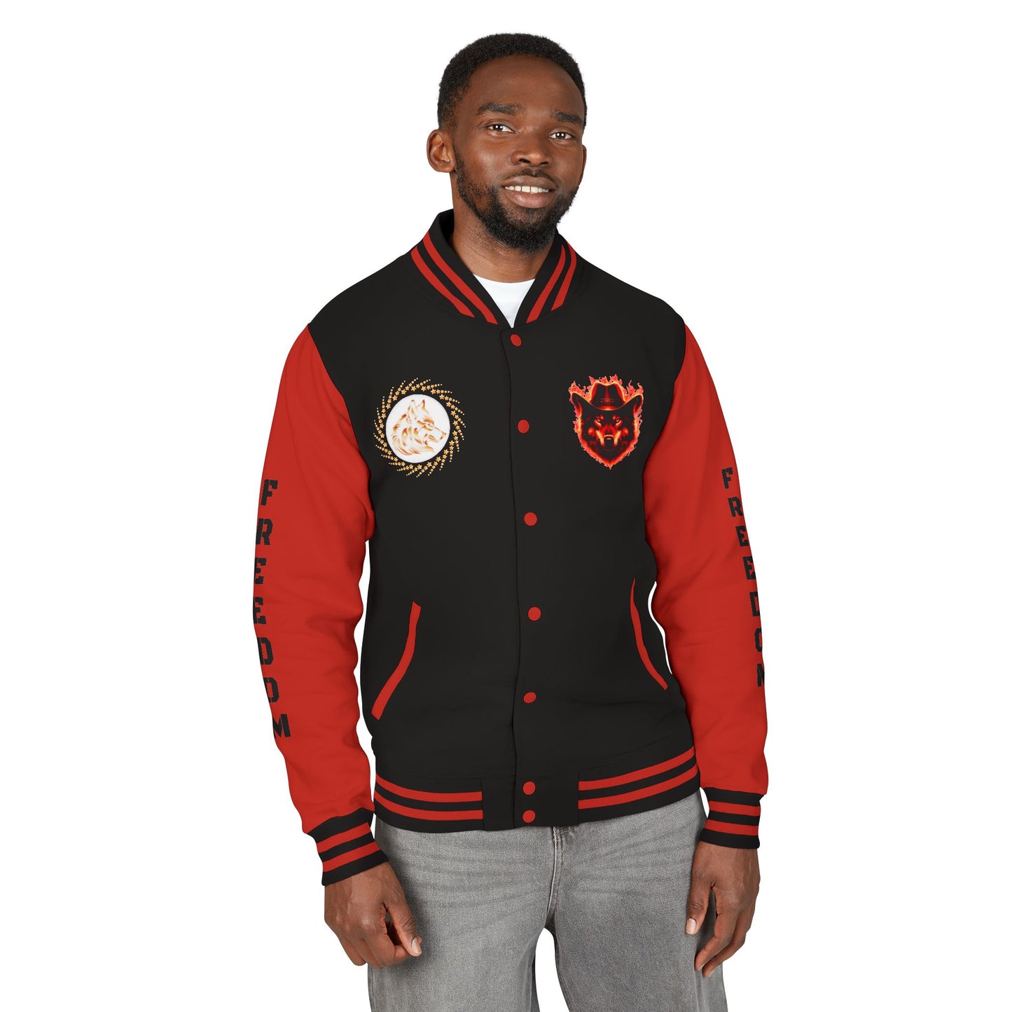 Unisex Heavyweight Letterman Jacket - Freedom Spirit with Wolf and Symbols