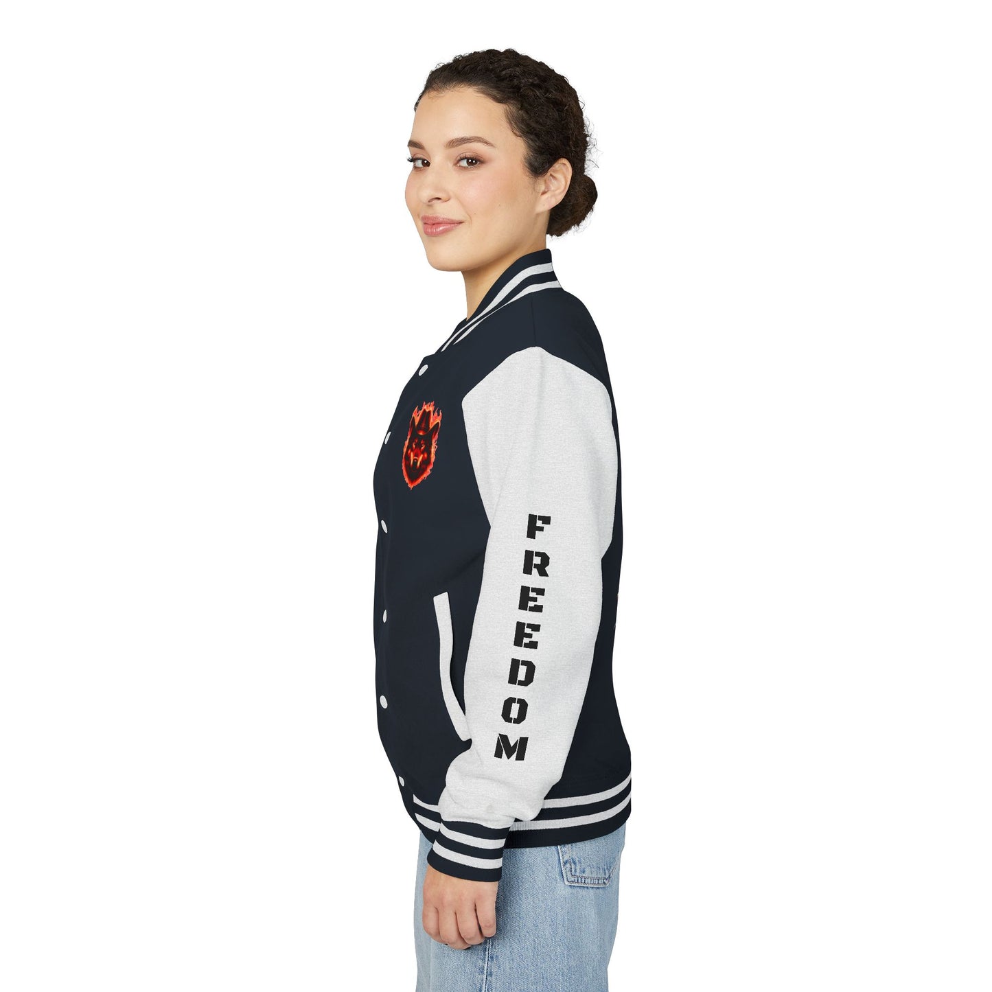 Unisex Heavyweight Letterman Jacket - Freedom Spirit with Wolf and Symbols