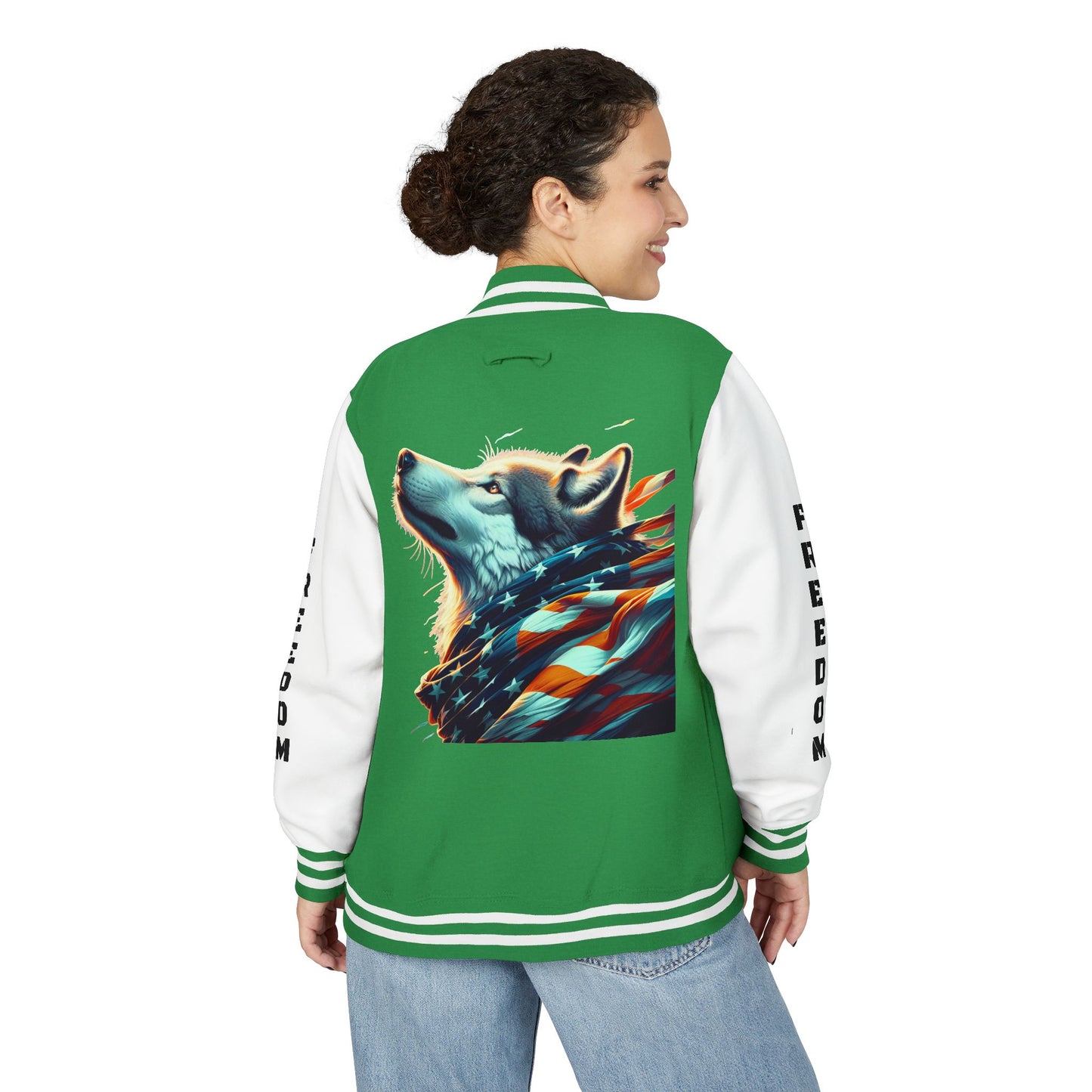 Unisex Heavyweight Letterman Jacket - Freedom Spirit with Wolf and Symbols