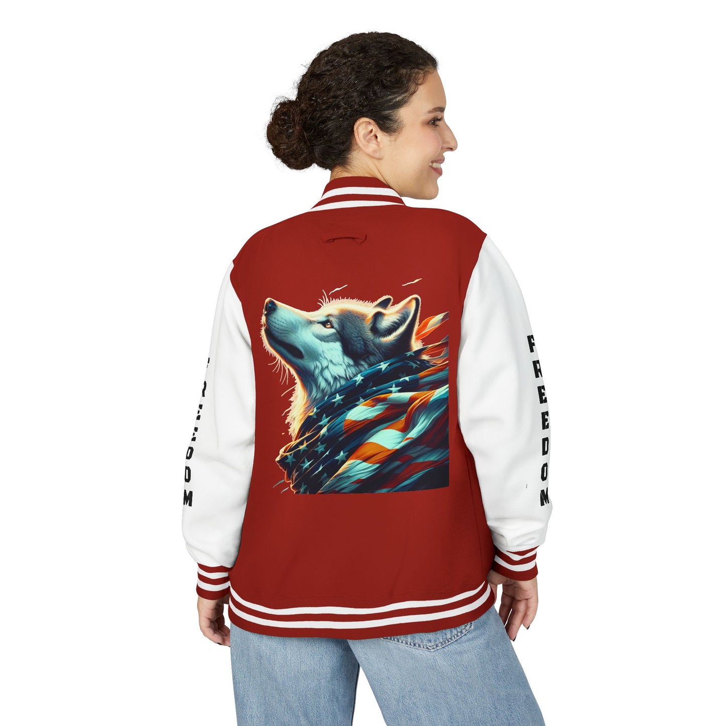 Unisex Heavyweight Letterman Jacket - Freedom Spirit with Wolf and Symbols