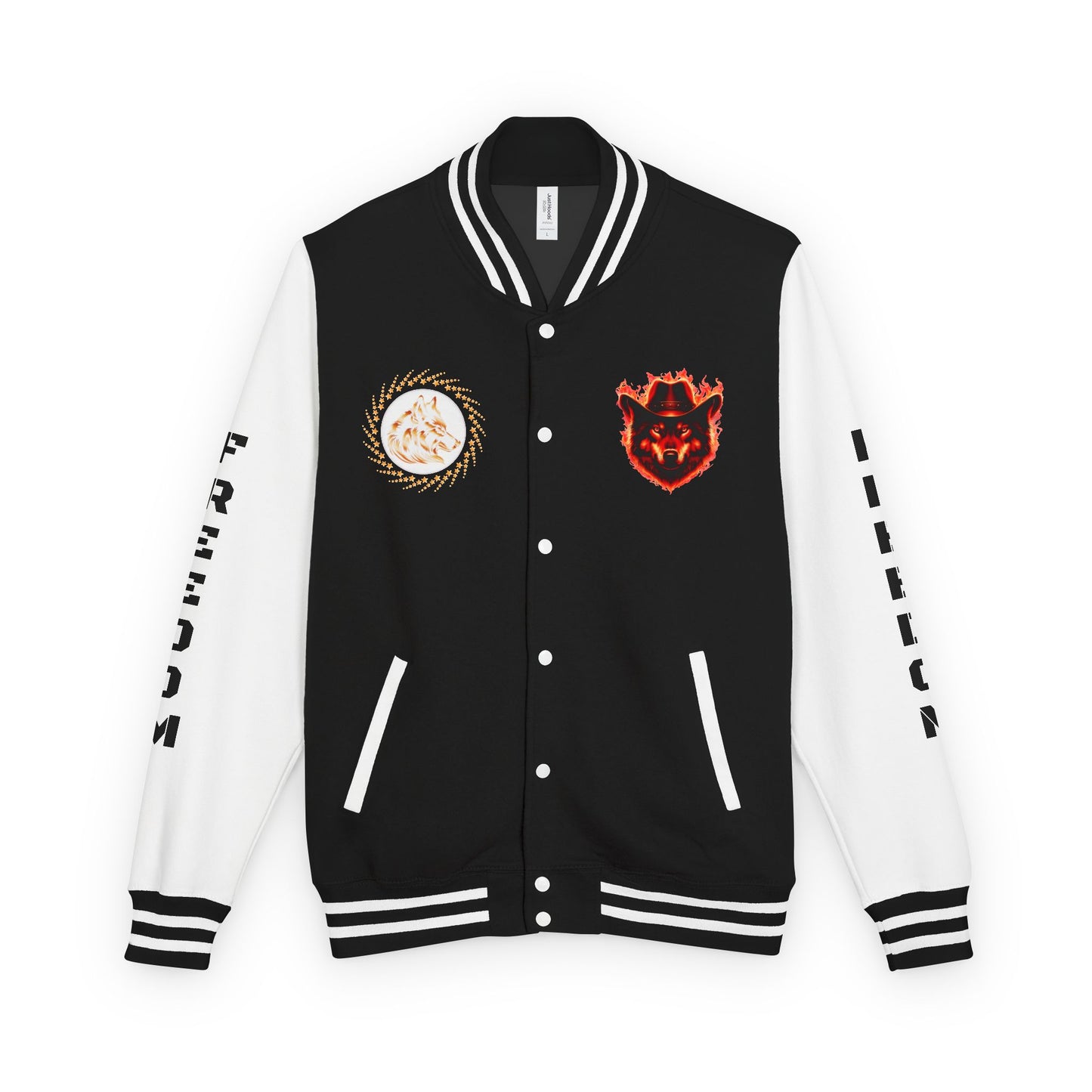 Unisex Heavyweight Letterman Jacket - Freedom Spirit with Wolf and Symbols