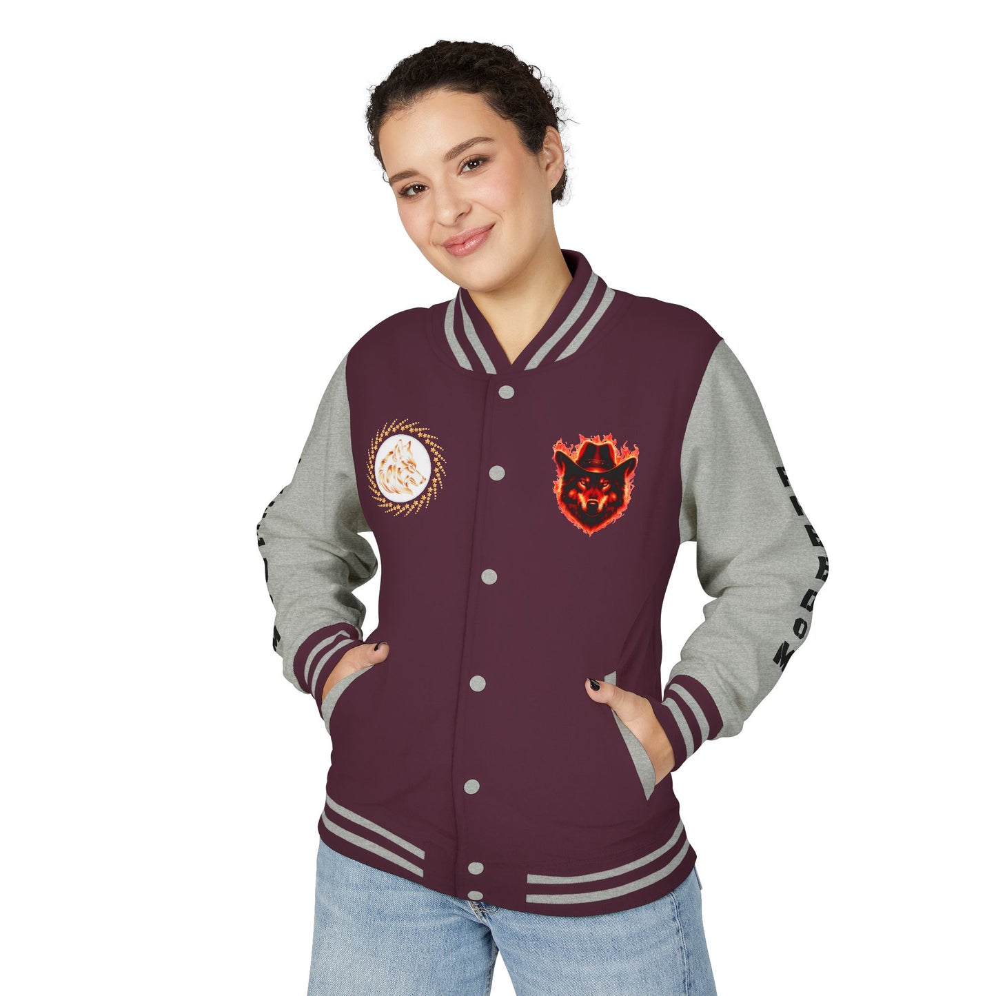 Unisex Heavyweight Letterman Jacket - Freedom Spirit with Wolf and Symbols