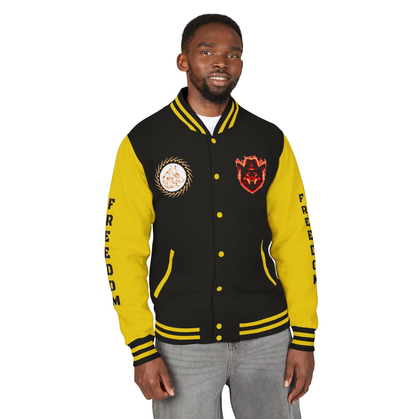 Unisex Heavyweight Letterman Jacket - Freedom Spirit with Wolf and Symbols