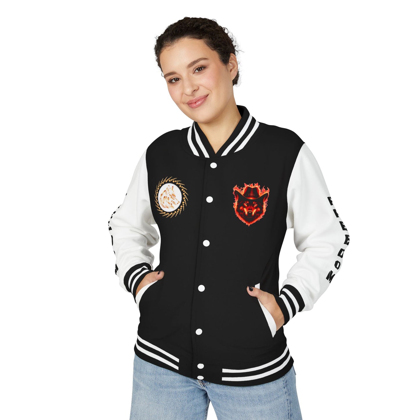 Unisex Heavyweight Letterman Jacket - Freedom Spirit with Wolf and Symbols