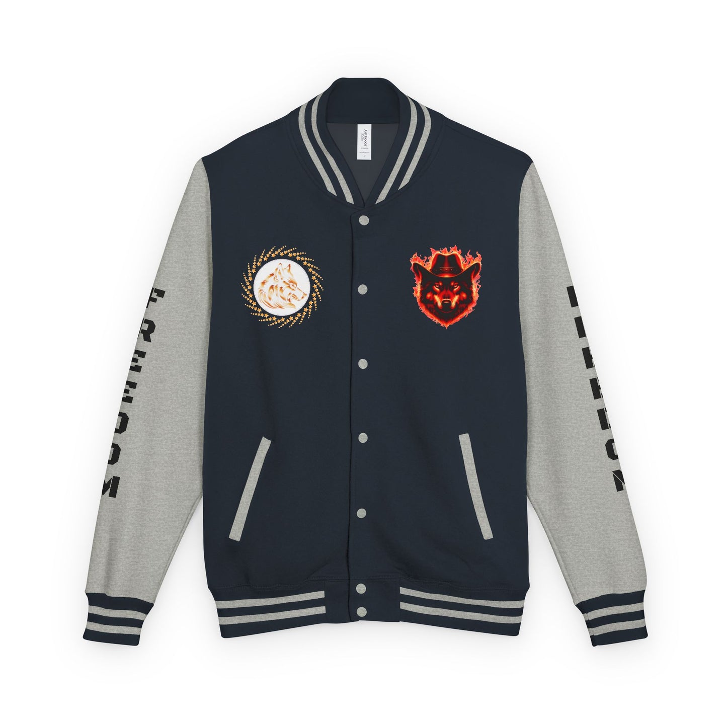 Unisex Heavyweight Letterman Jacket - Freedom Spirit with Wolf and Symbols