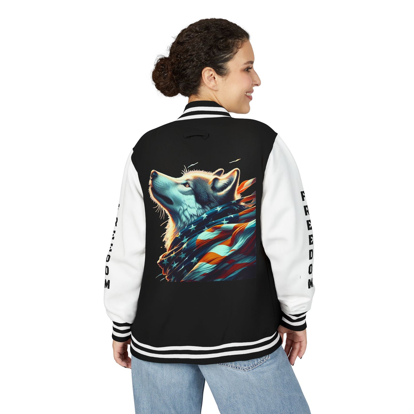 Unisex Heavyweight Letterman Jacket - Freedom Spirit with Wolf and Symbols