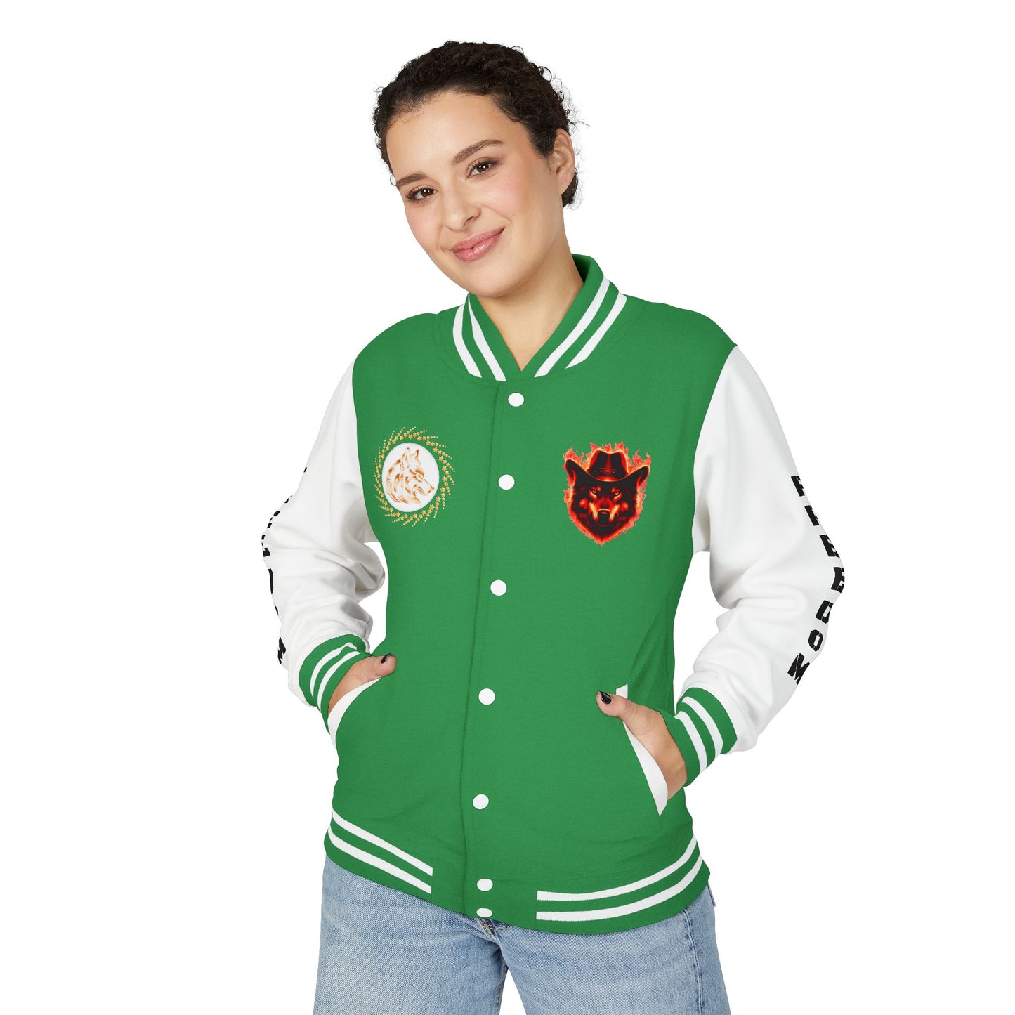 Unisex Heavyweight Letterman Jacket - Freedom Spirit with Wolf and Symbols