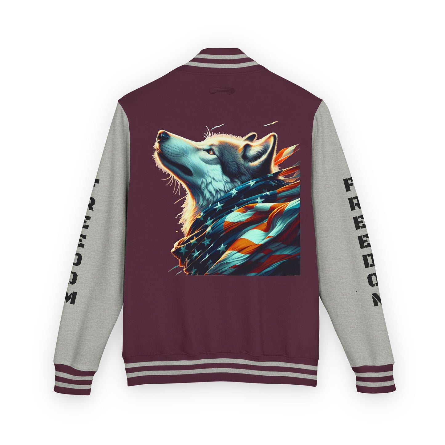 Unisex Heavyweight Letterman Jacket - Freedom Spirit with Wolf and Symbols