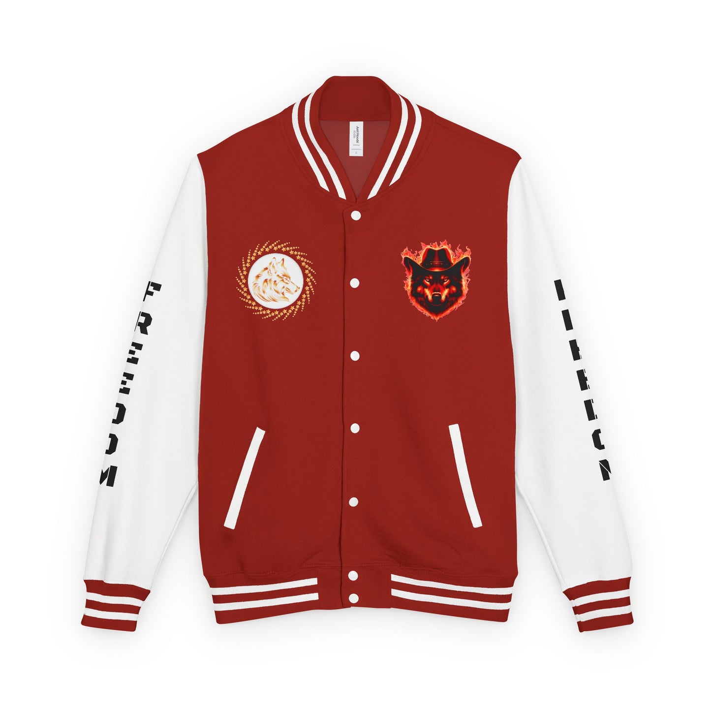 Unisex Heavyweight Letterman Jacket - Freedom Spirit with Wolf and Symbols