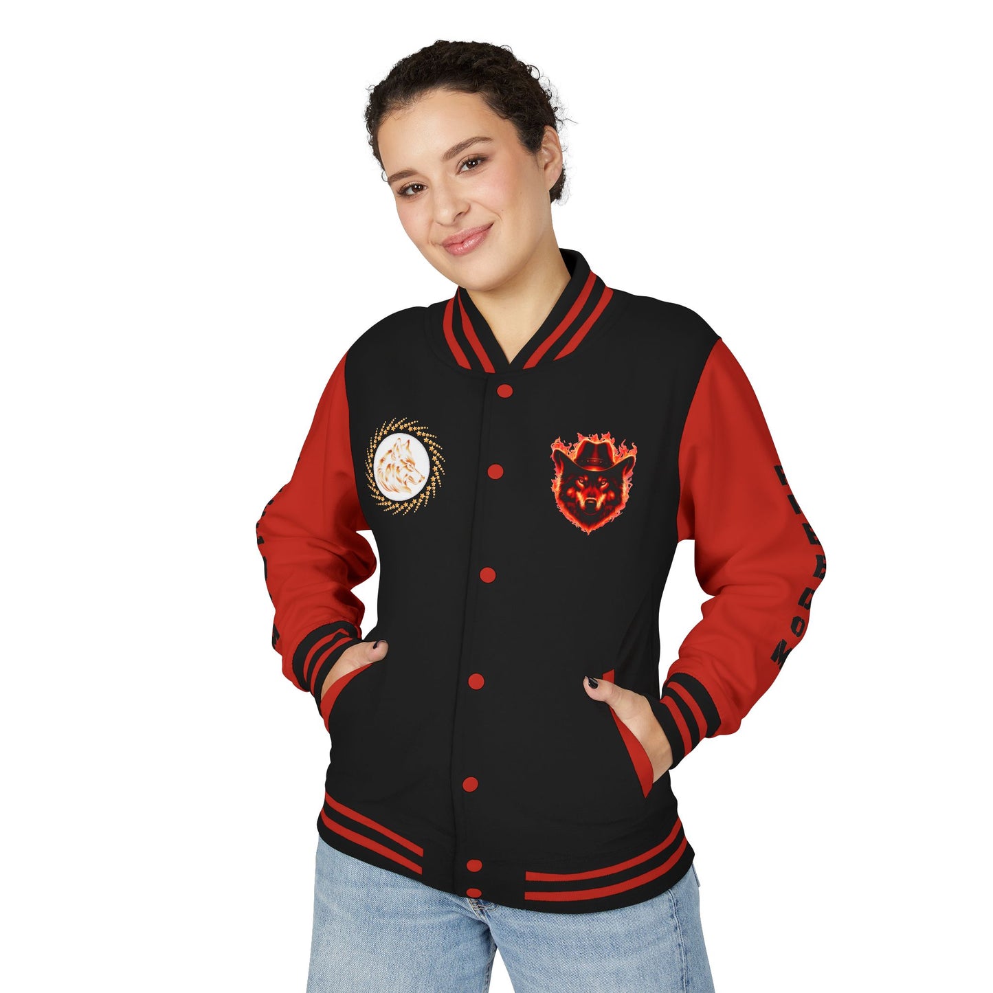 Unisex Heavyweight Letterman Jacket - Freedom Spirit with Wolf and Symbols