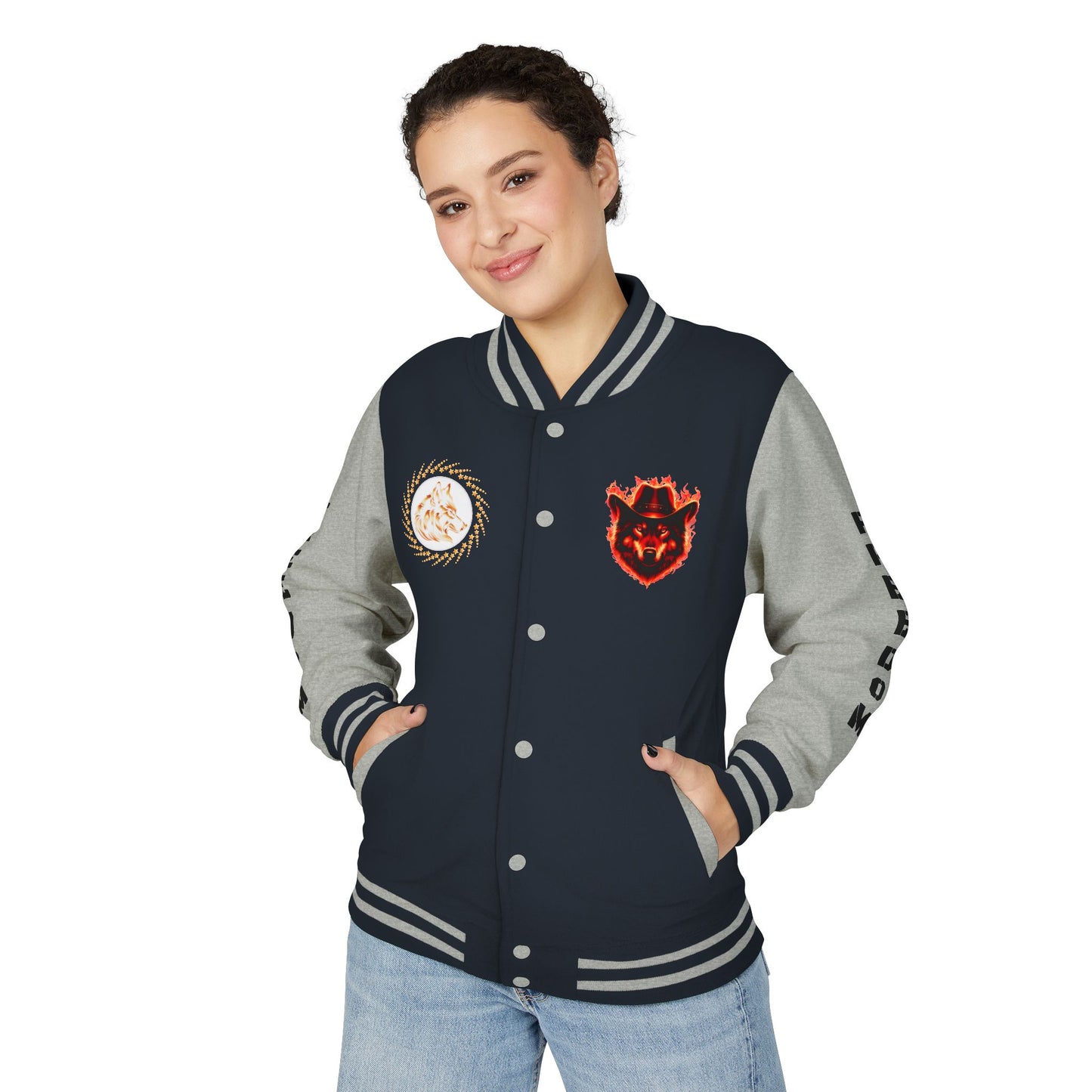 Unisex Heavyweight Letterman Jacket - Freedom Spirit with Wolf and Symbols
