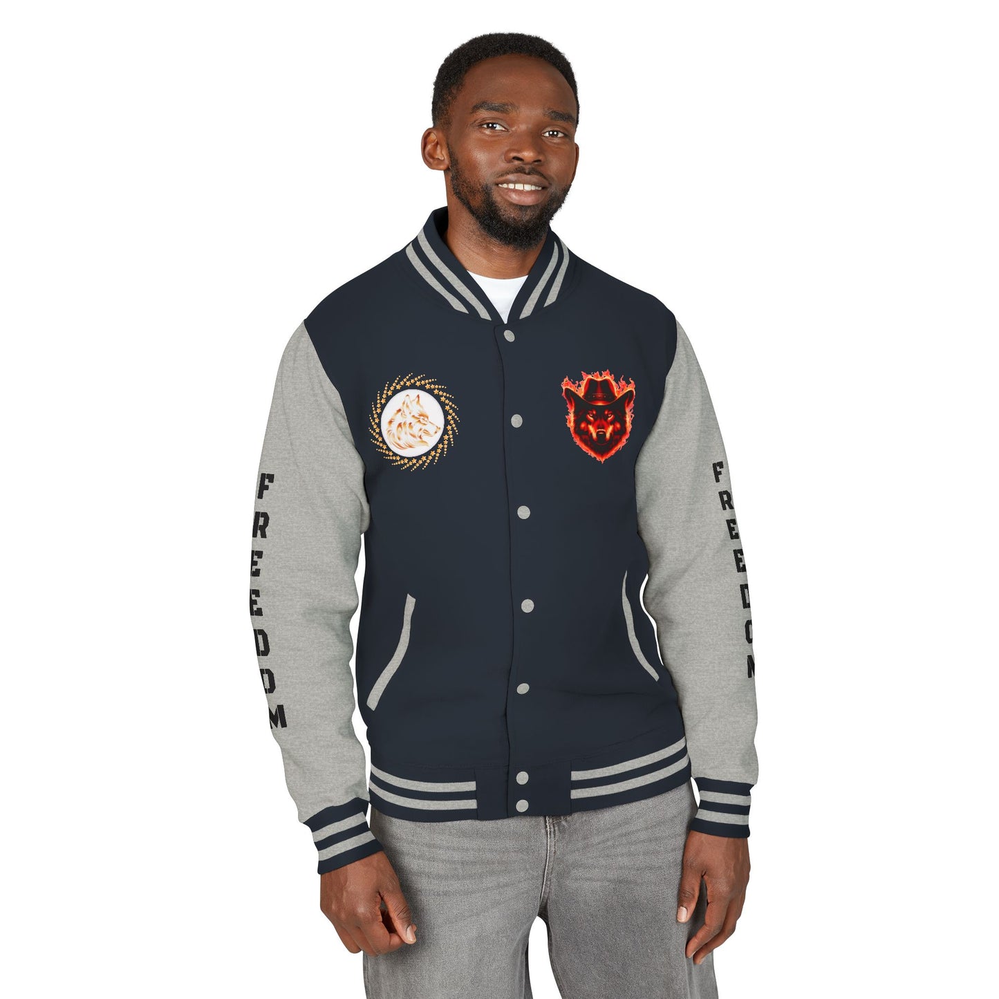 Unisex Heavyweight Letterman Jacket - Freedom Spirit with Wolf and Symbols