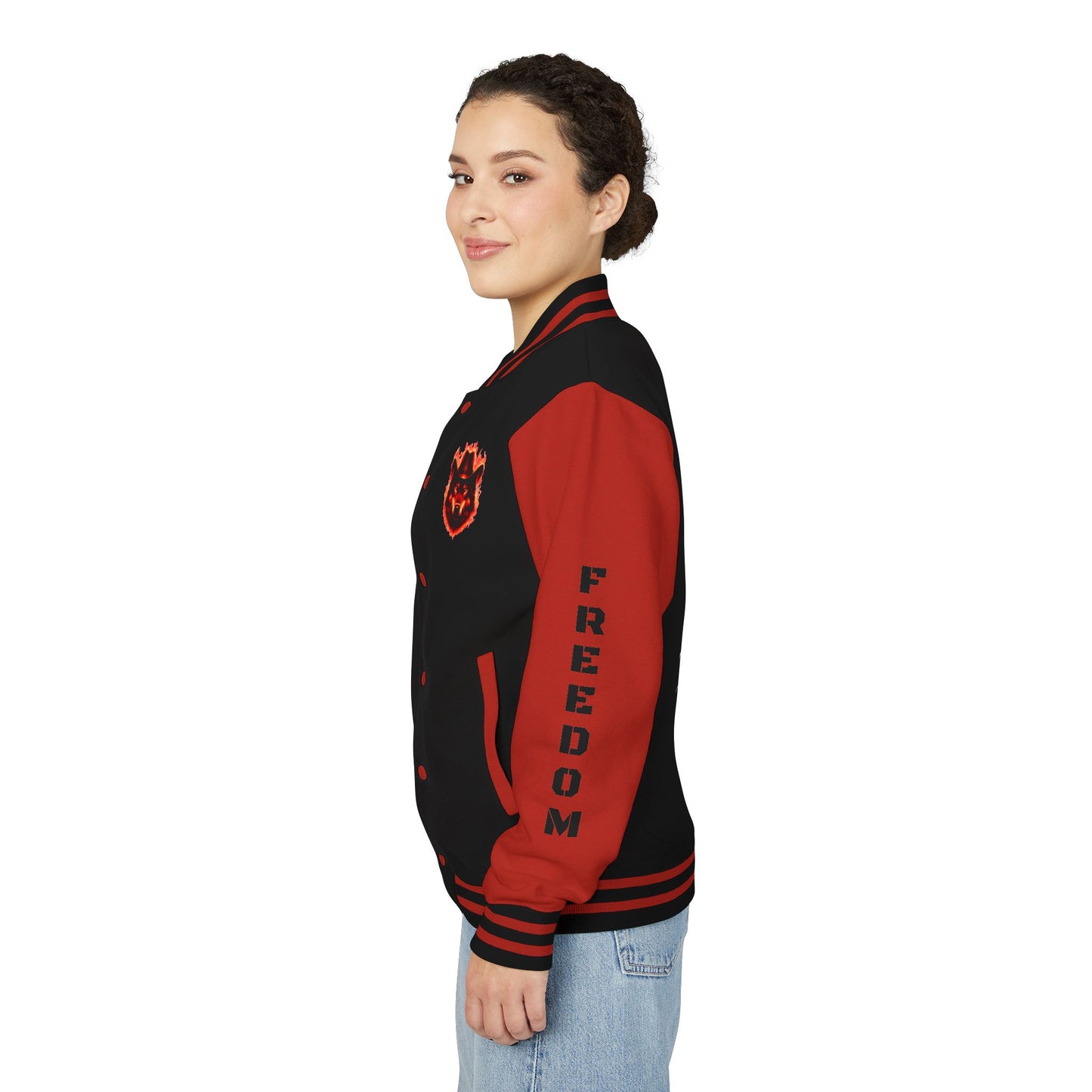 Unisex Heavyweight Letterman Jacket - Freedom Spirit with Wolf and Symbols