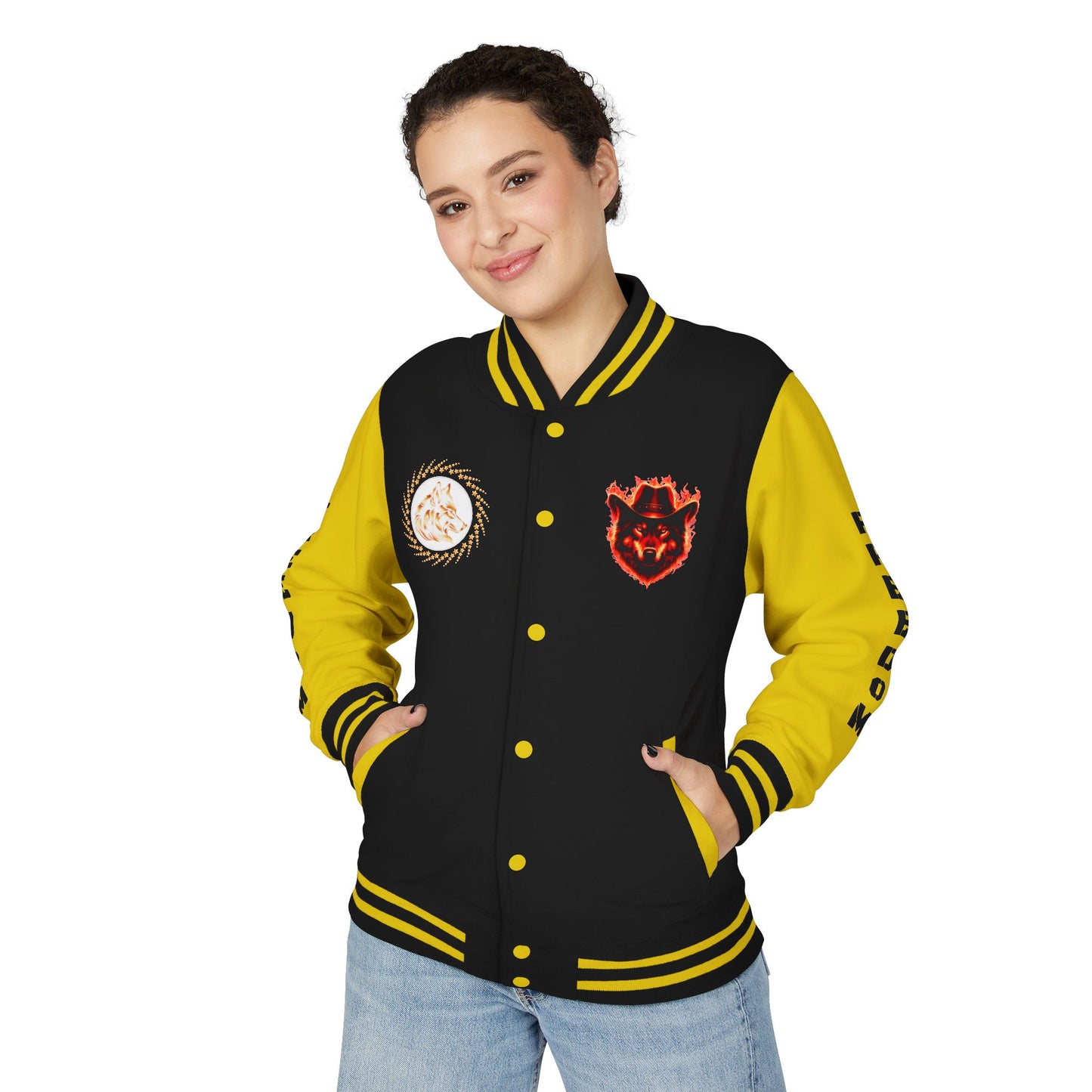 Unisex Heavyweight Letterman Jacket - Freedom Spirit with Wolf and Symbols