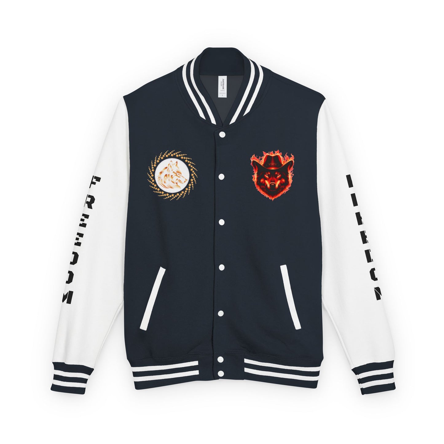 Unisex Heavyweight Letterman Jacket - Freedom Spirit with Wolf and Symbols