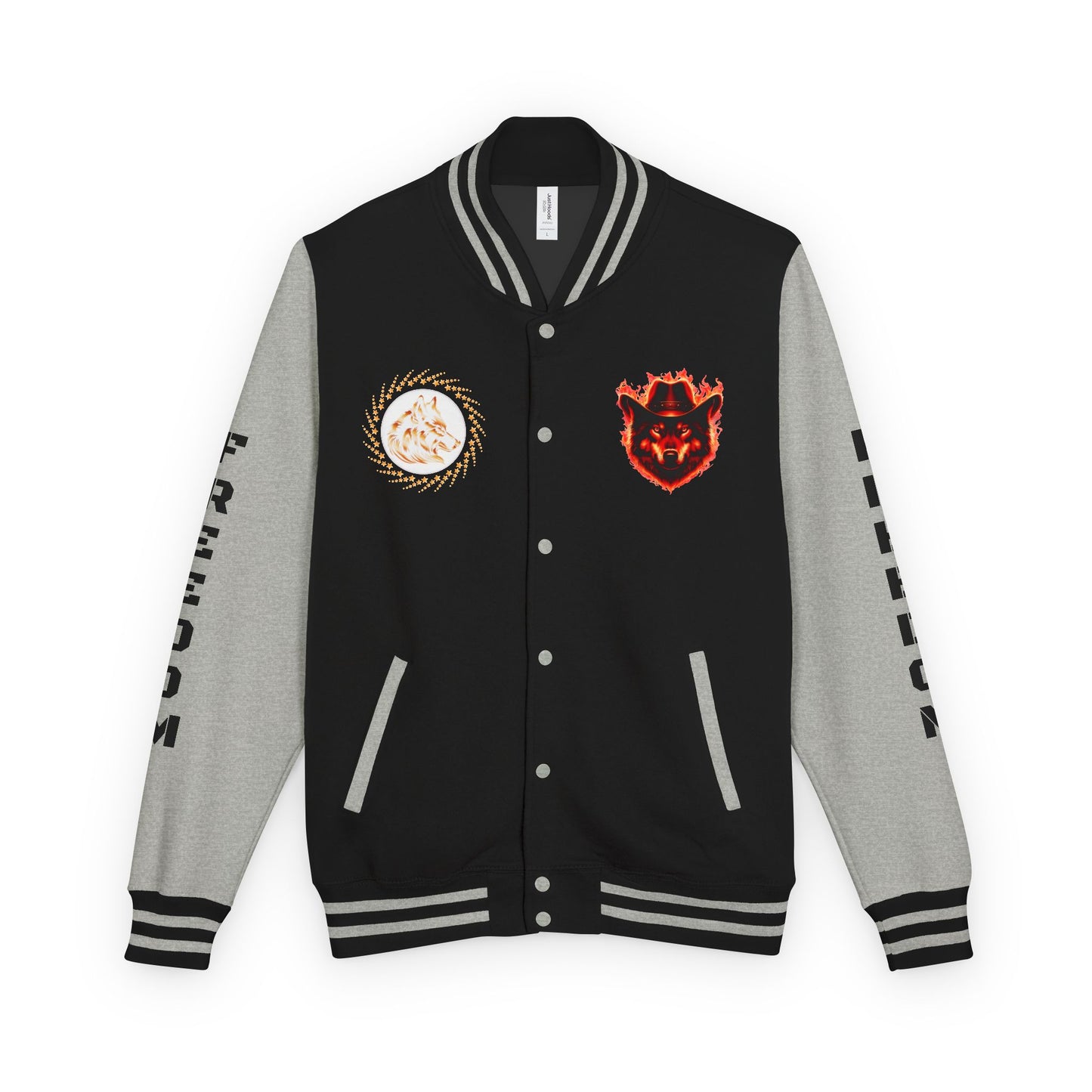 Unisex Heavyweight Letterman Jacket - Freedom Spirit with Wolf and Symbols