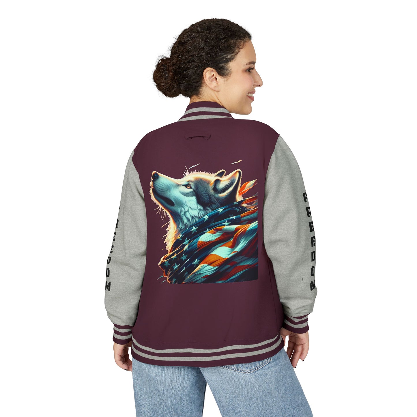 Unisex Heavyweight Letterman Jacket - Freedom Spirit with Wolf and Symbols