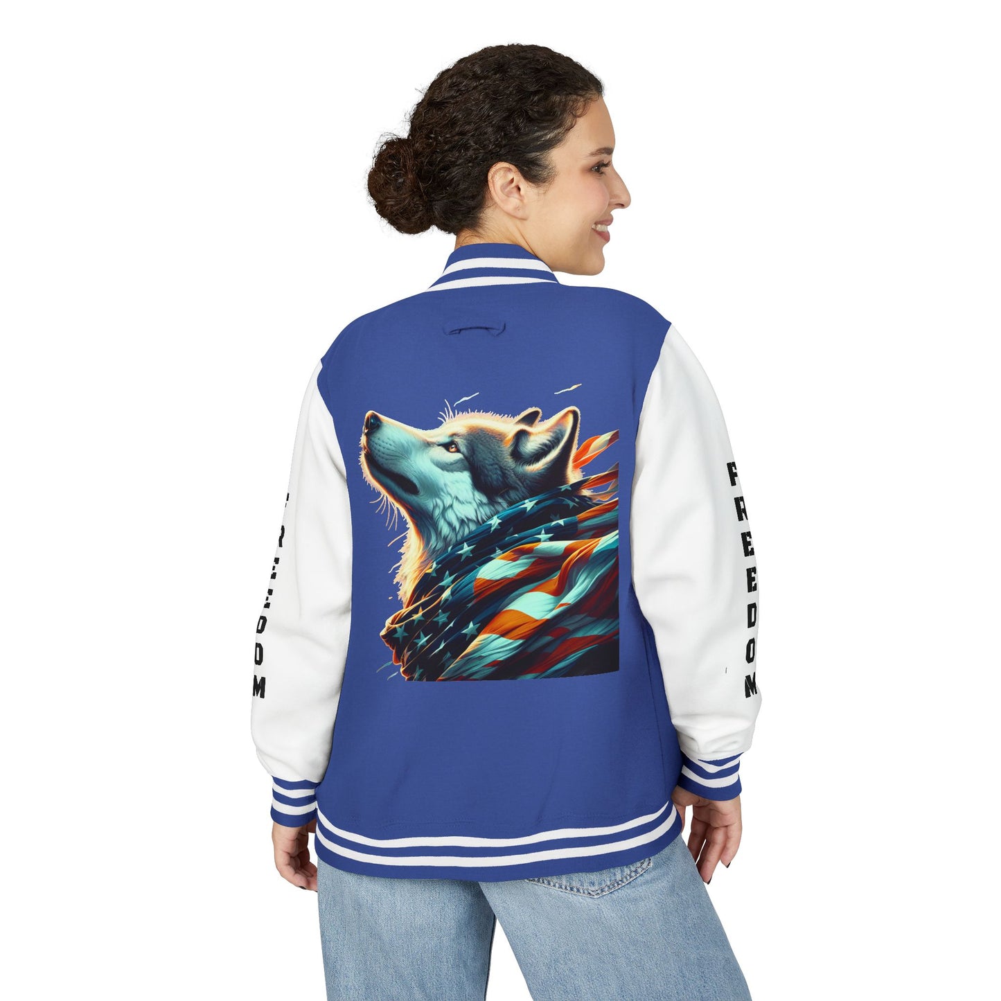 Unisex Heavyweight Letterman Jacket - Freedom Spirit with Wolf and Symbols