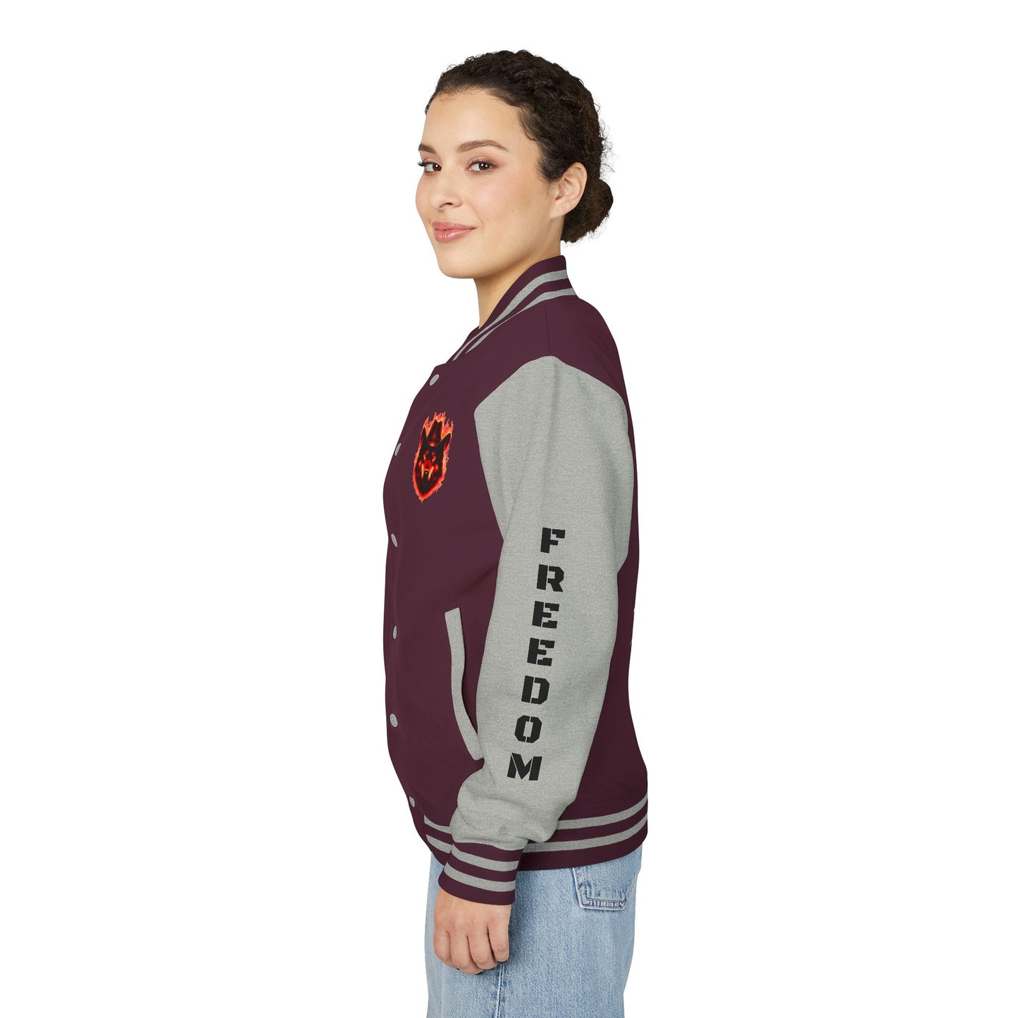 Unisex Heavyweight Letterman Jacket - Freedom Spirit with Wolf and Symbols