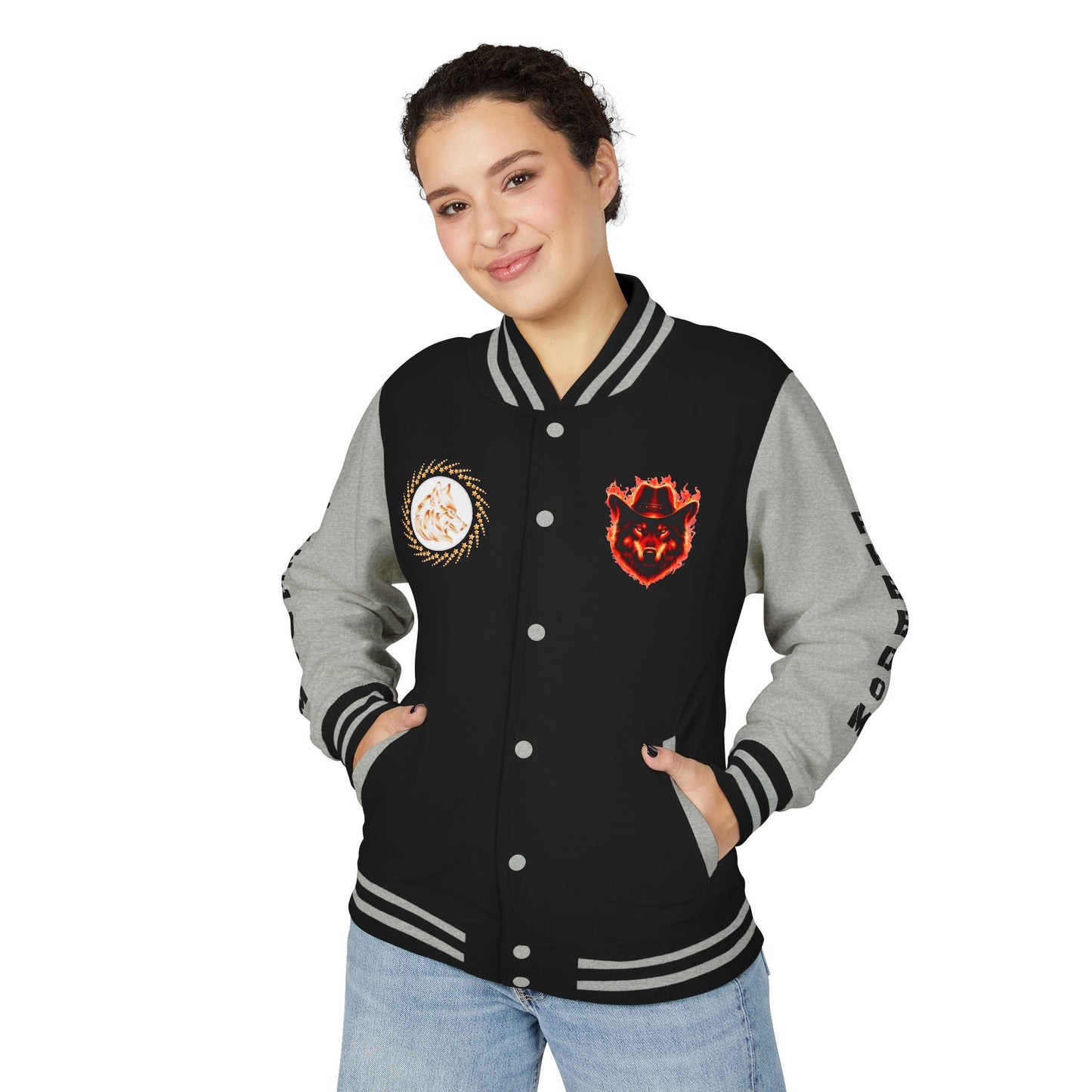Unisex Heavyweight Letterman Jacket - Freedom Spirit with Wolf and Symbols