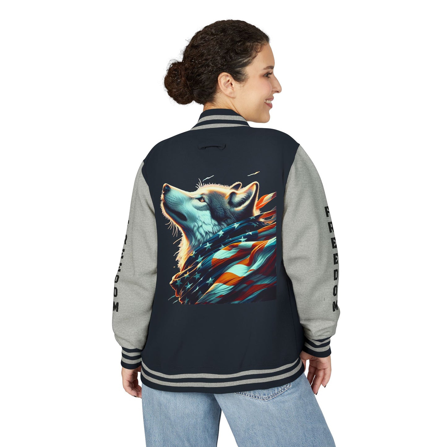 Unisex Heavyweight Letterman Jacket - Freedom Spirit with Wolf and Symbols