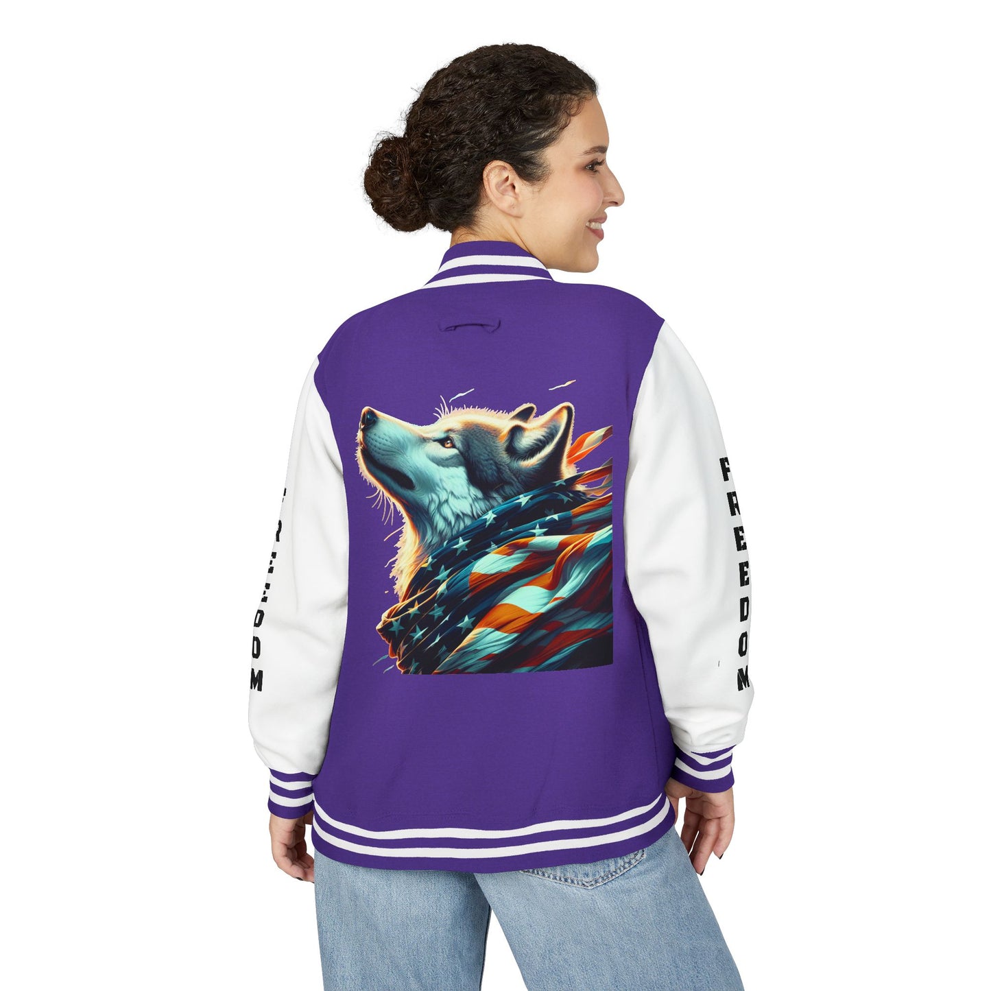 Unisex Heavyweight Letterman Jacket - Freedom Spirit with Wolf and Symbols