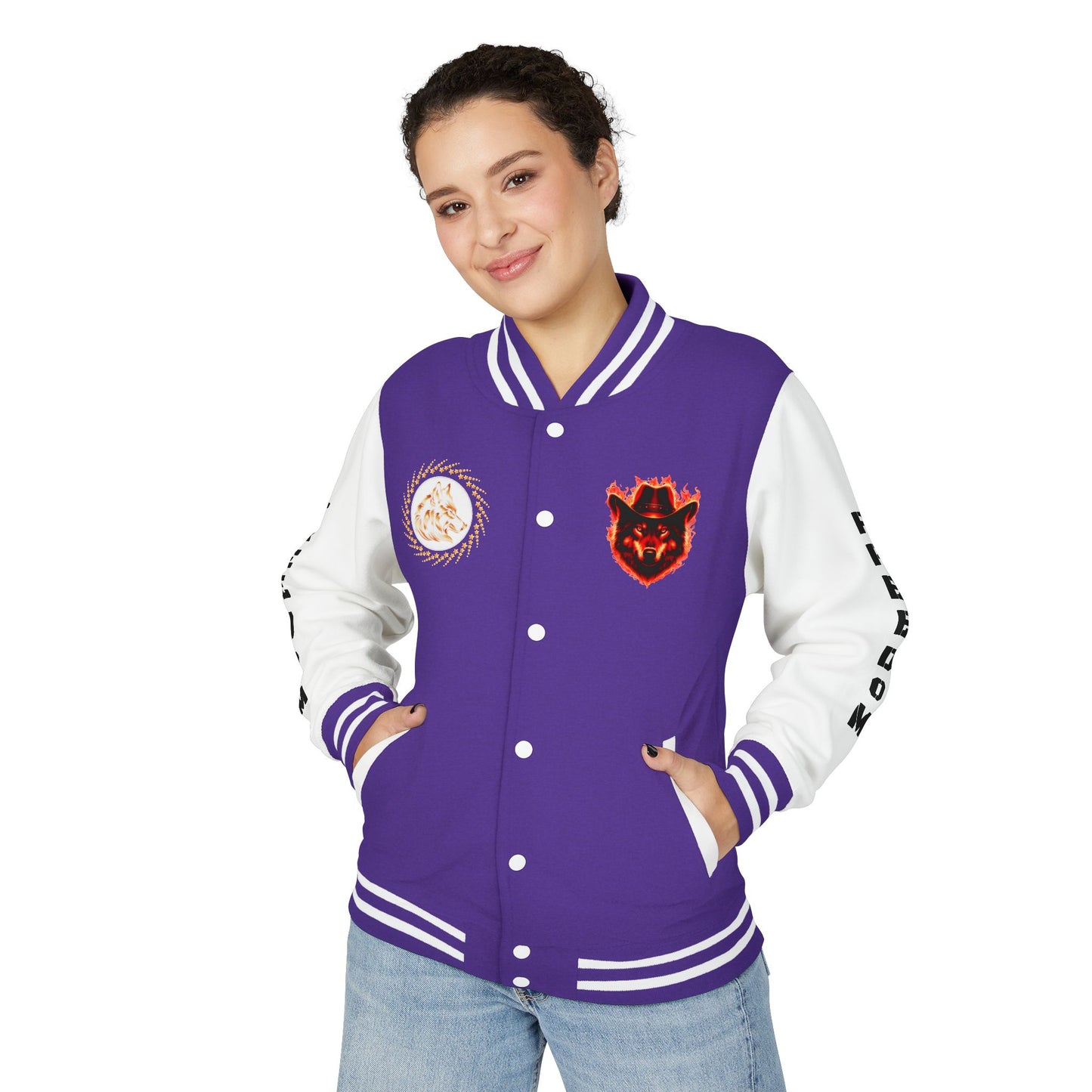 Unisex Heavyweight Letterman Jacket - Freedom Spirit with Wolf and Symbols