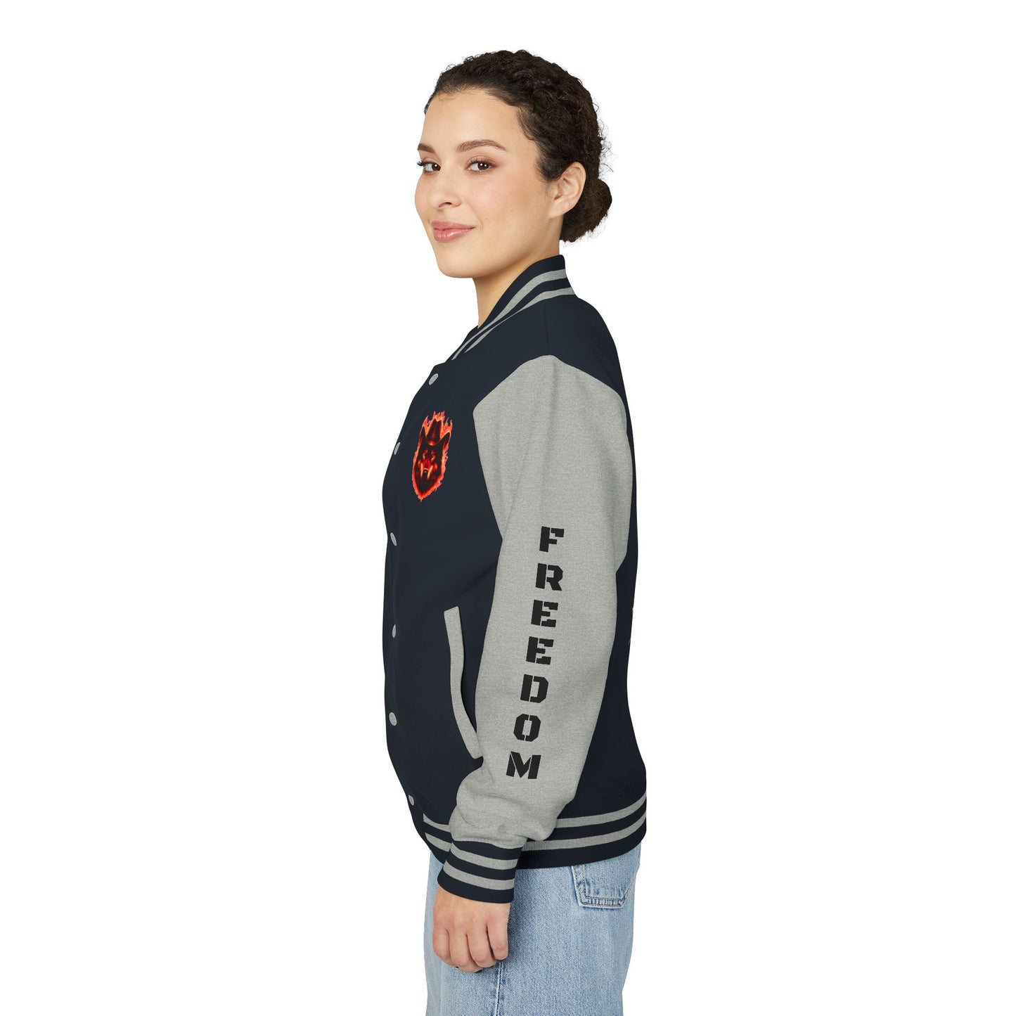Unisex Heavyweight Letterman Jacket - Freedom Spirit with Wolf and Symbols