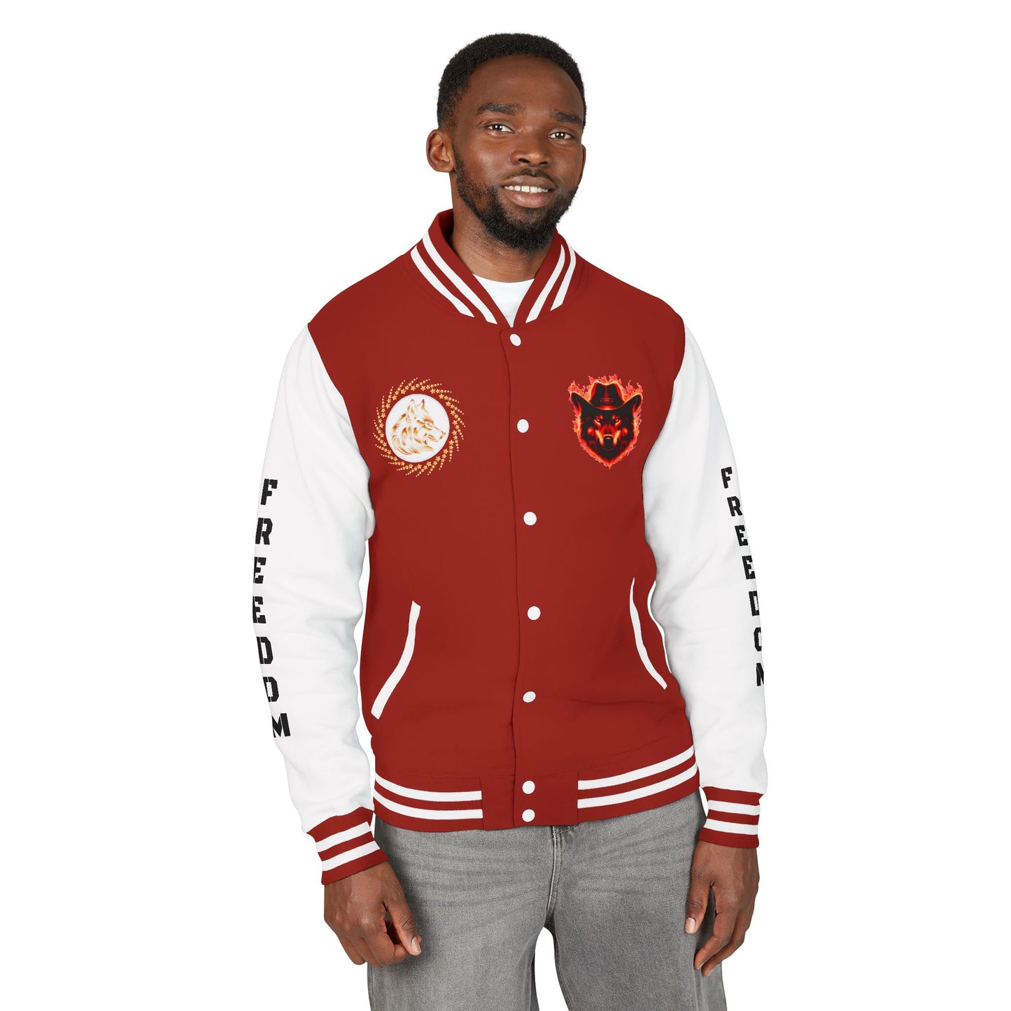 Unisex Heavyweight Letterman Jacket - Freedom Spirit with Wolf and Symbols