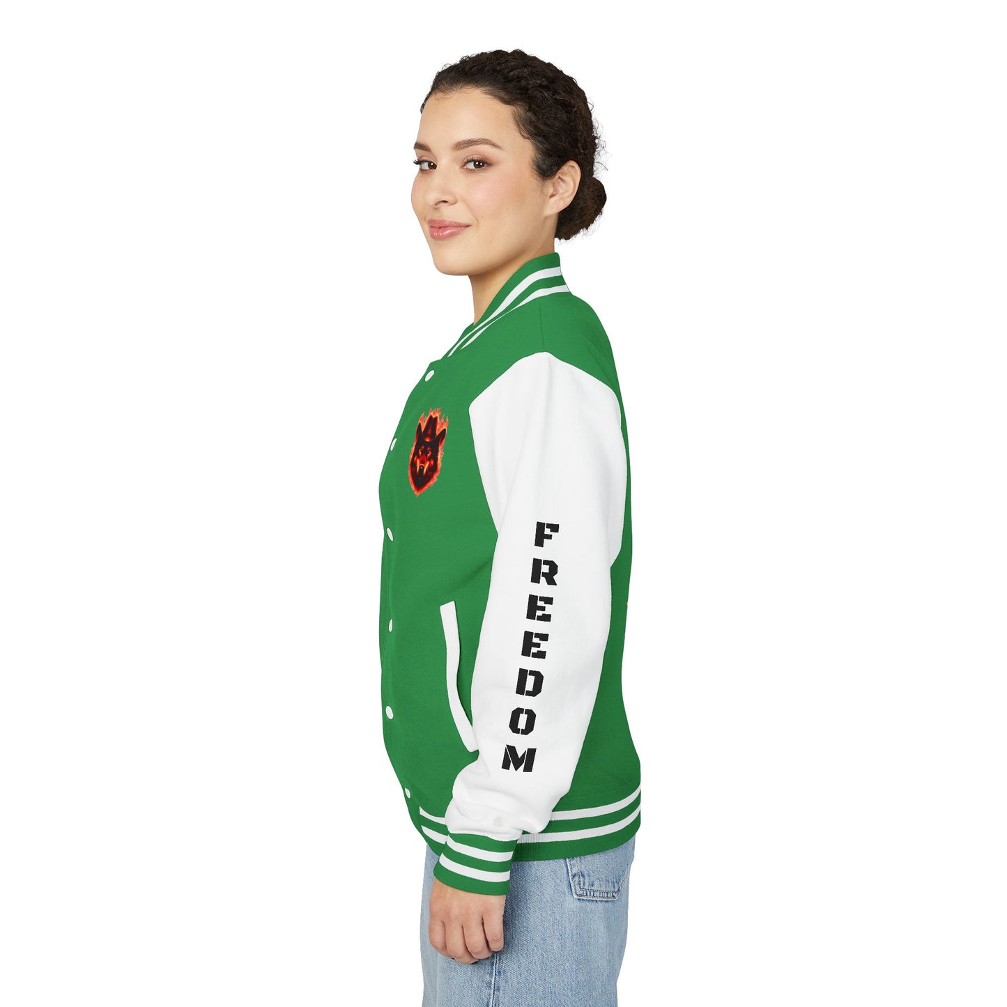 Unisex Heavyweight Letterman Jacket - Freedom Spirit with Wolf and Symbols