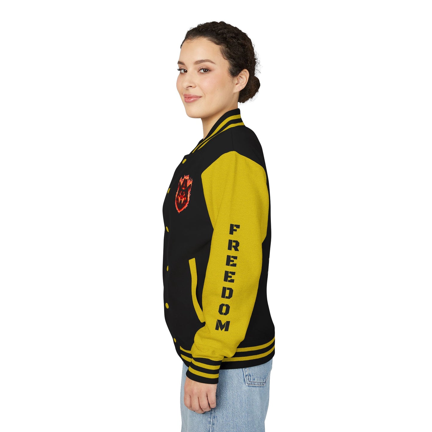 Unisex Heavyweight Letterman Jacket - Freedom Spirit with Wolf and Symbols