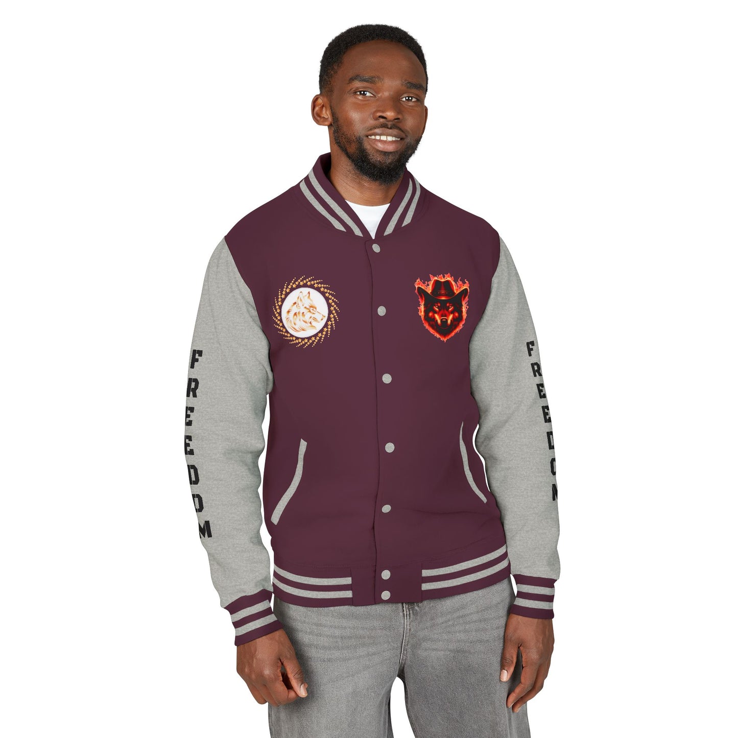 Unisex Heavyweight Letterman Jacket - Freedom Spirit with Wolf and Symbols