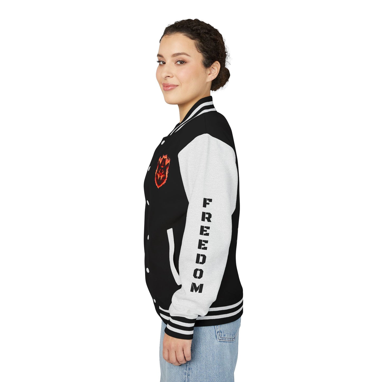 Unisex Heavyweight Letterman Jacket - Freedom Spirit with Wolf and Symbols