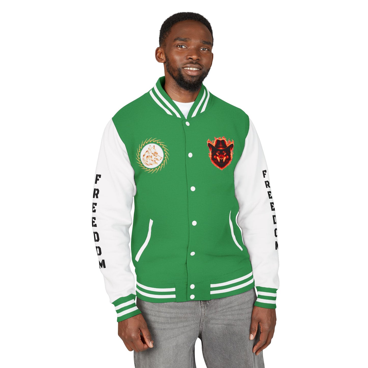 Unisex Heavyweight Letterman Jacket - Freedom Spirit with Wolf and Symbols