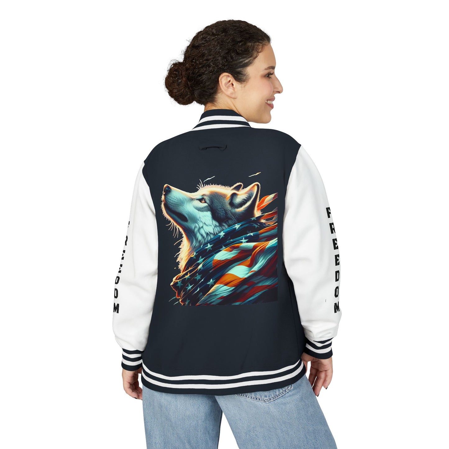 Unisex Heavyweight Letterman Jacket - Freedom Spirit with Wolf and Symbols