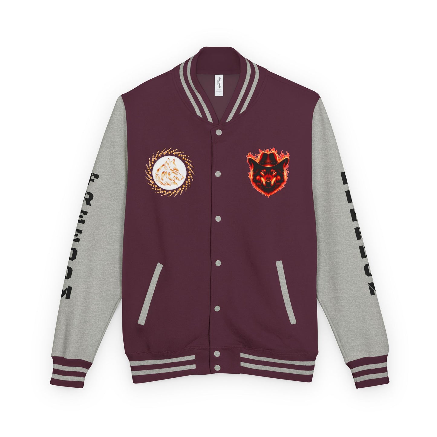 Unisex Heavyweight Letterman Jacket - Freedom Spirit with Wolf and Symbols