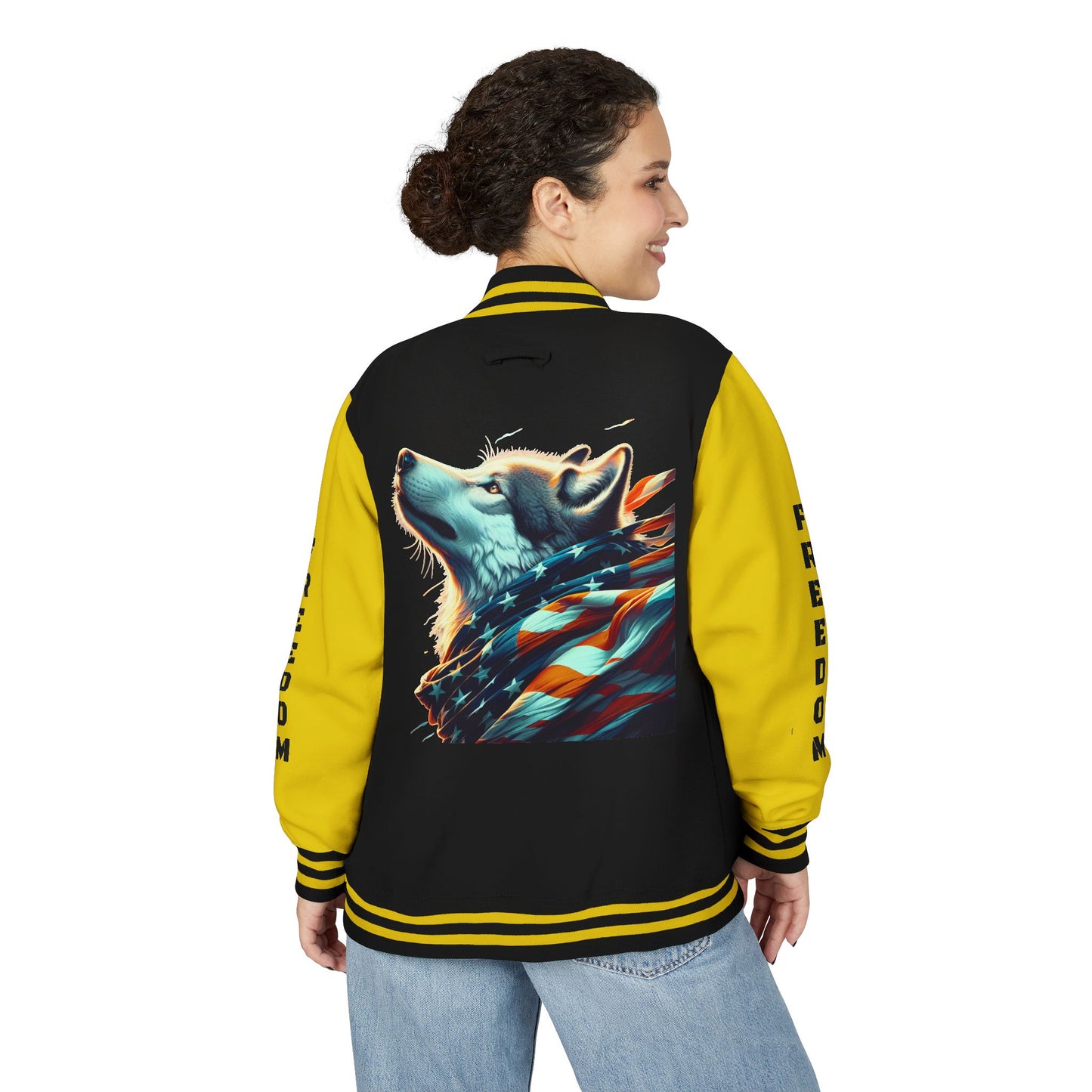 Unisex Heavyweight Letterman Jacket - Freedom Spirit with Wolf and Symbols