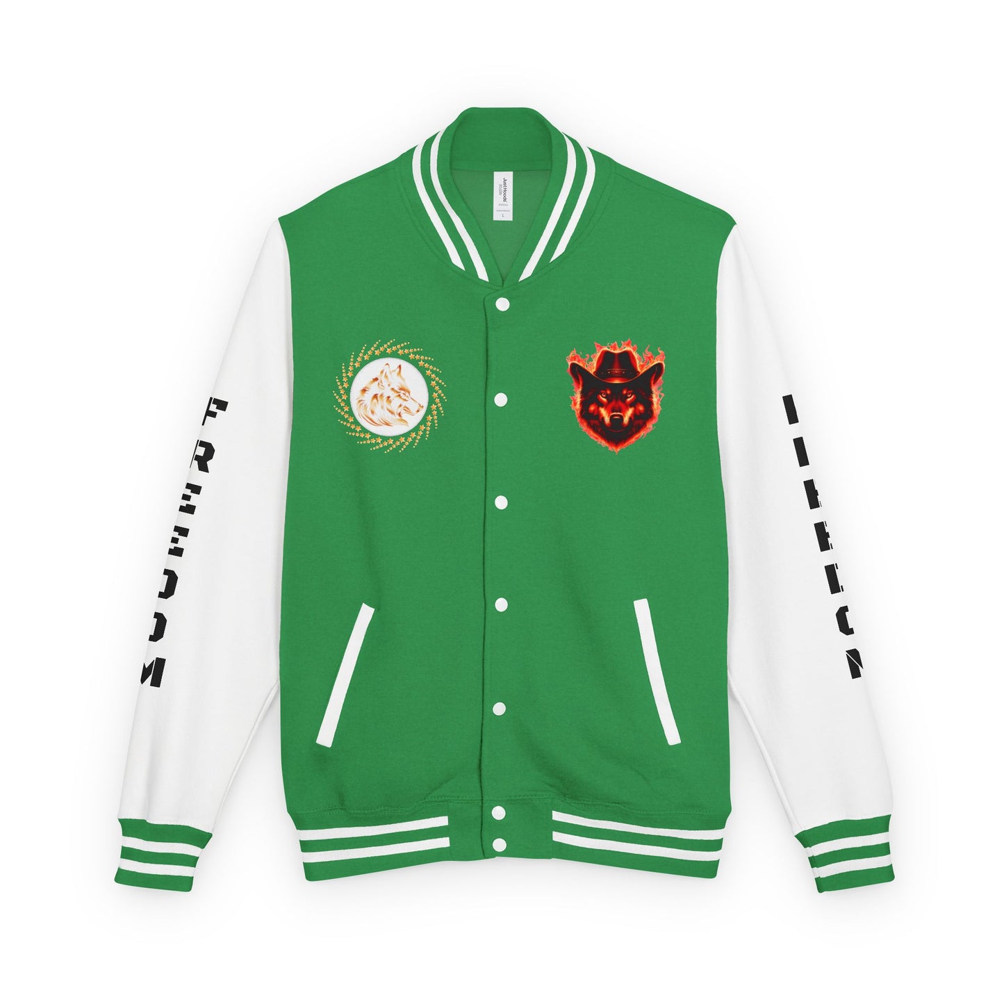 Unisex Heavyweight Letterman Jacket - Freedom Spirit with Wolf and Symbols