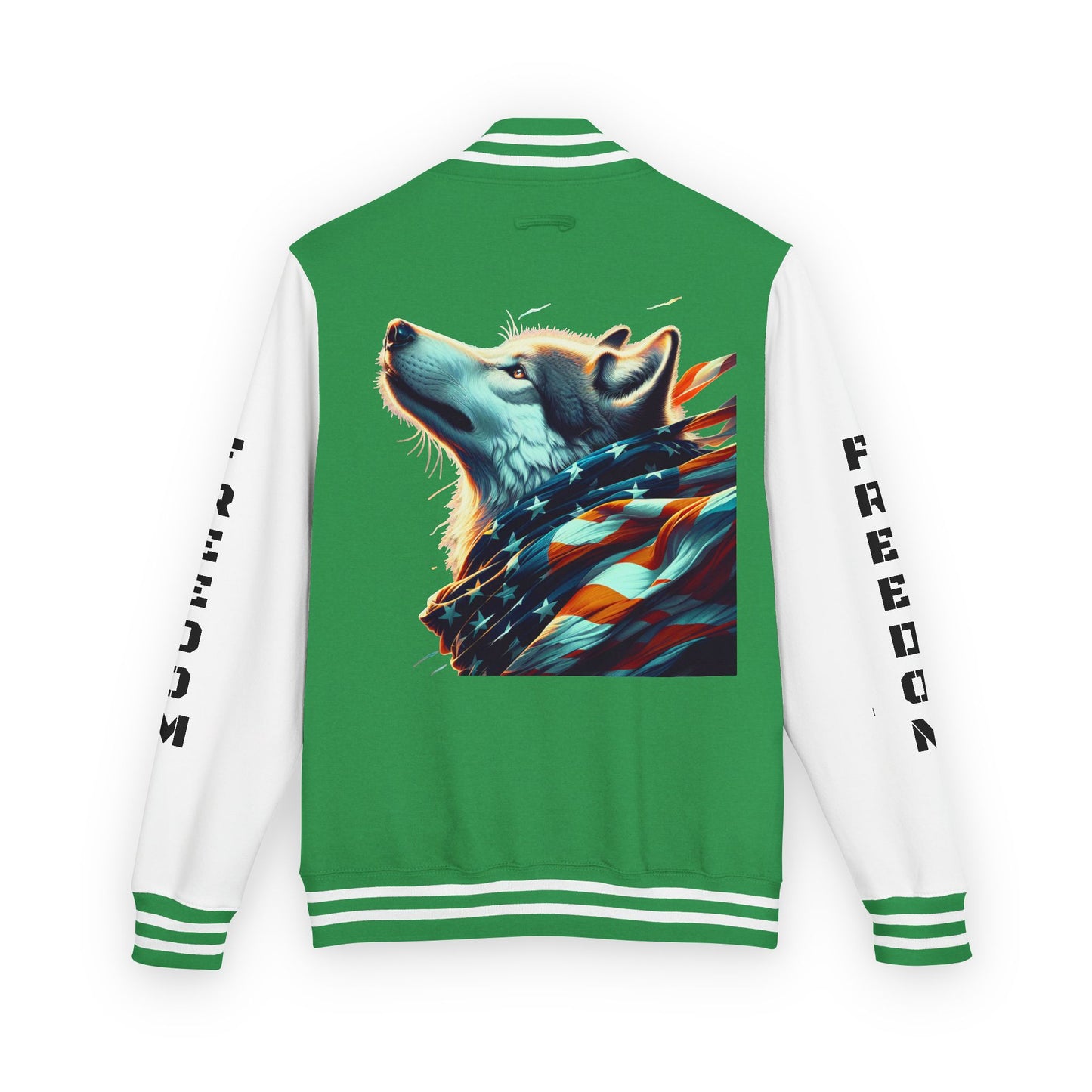 Unisex Heavyweight Letterman Jacket - Freedom Spirit with Wolf and Symbols