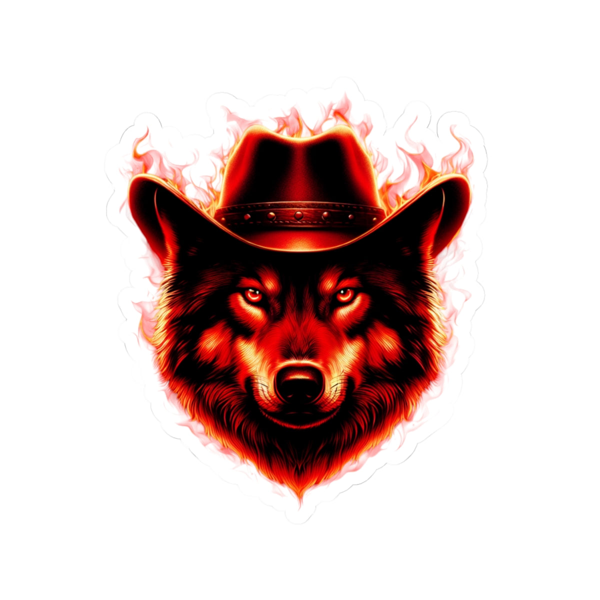 Wolf Cowboy Kiss-Cut Sticker - Fierce Fire Design for Laptops, Water Bottles, and More