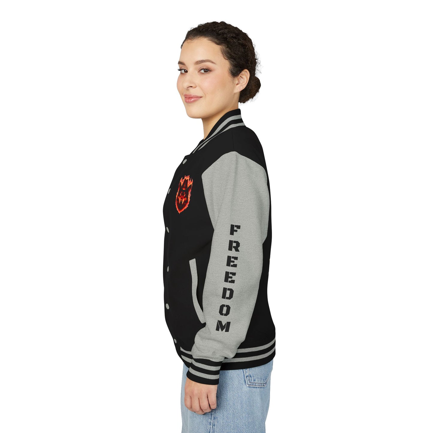 Unisex Heavyweight Letterman Jacket - Freedom Spirit with Wolf and Symbols