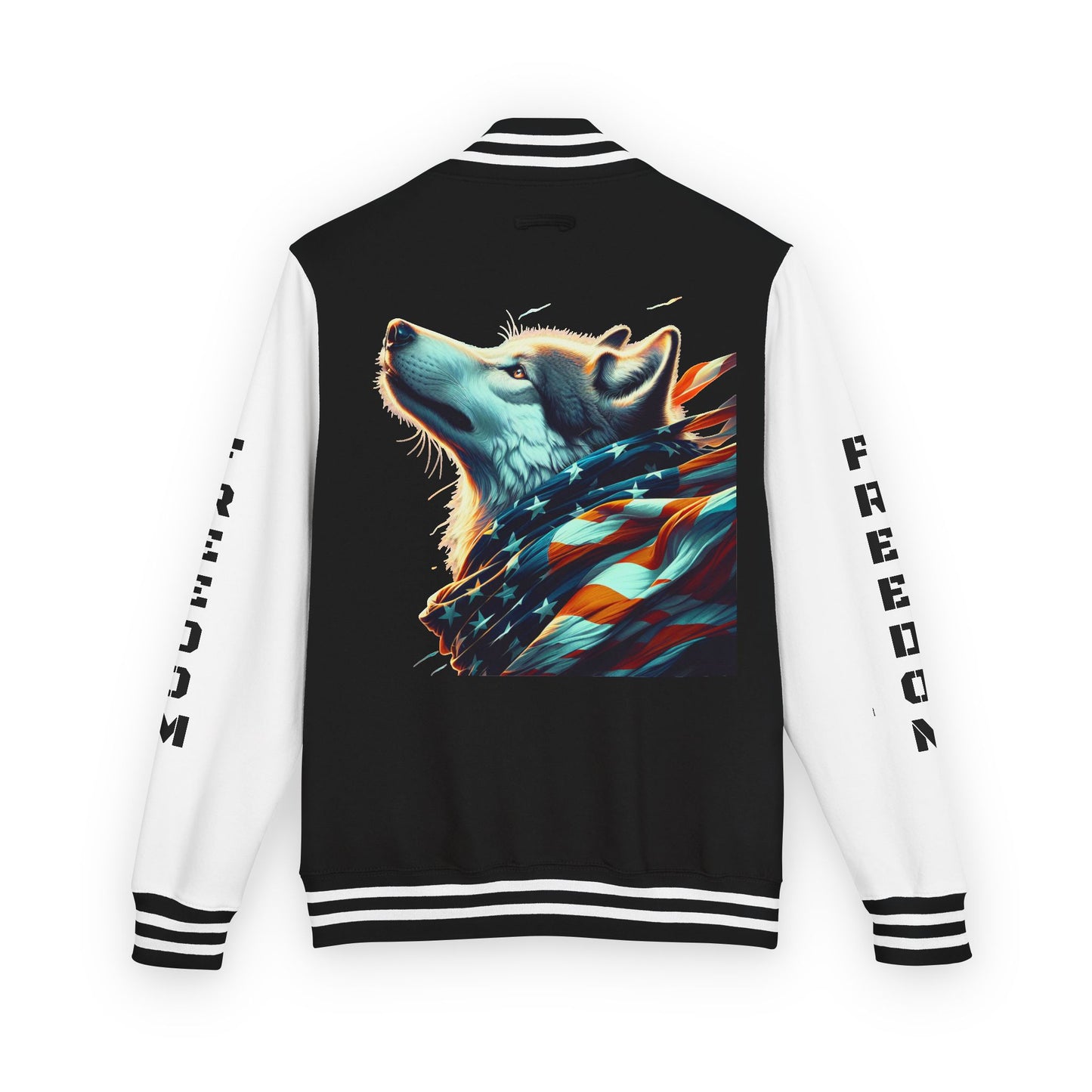 Unisex Heavyweight Letterman Jacket - Freedom Spirit with Wolf and Symbols
