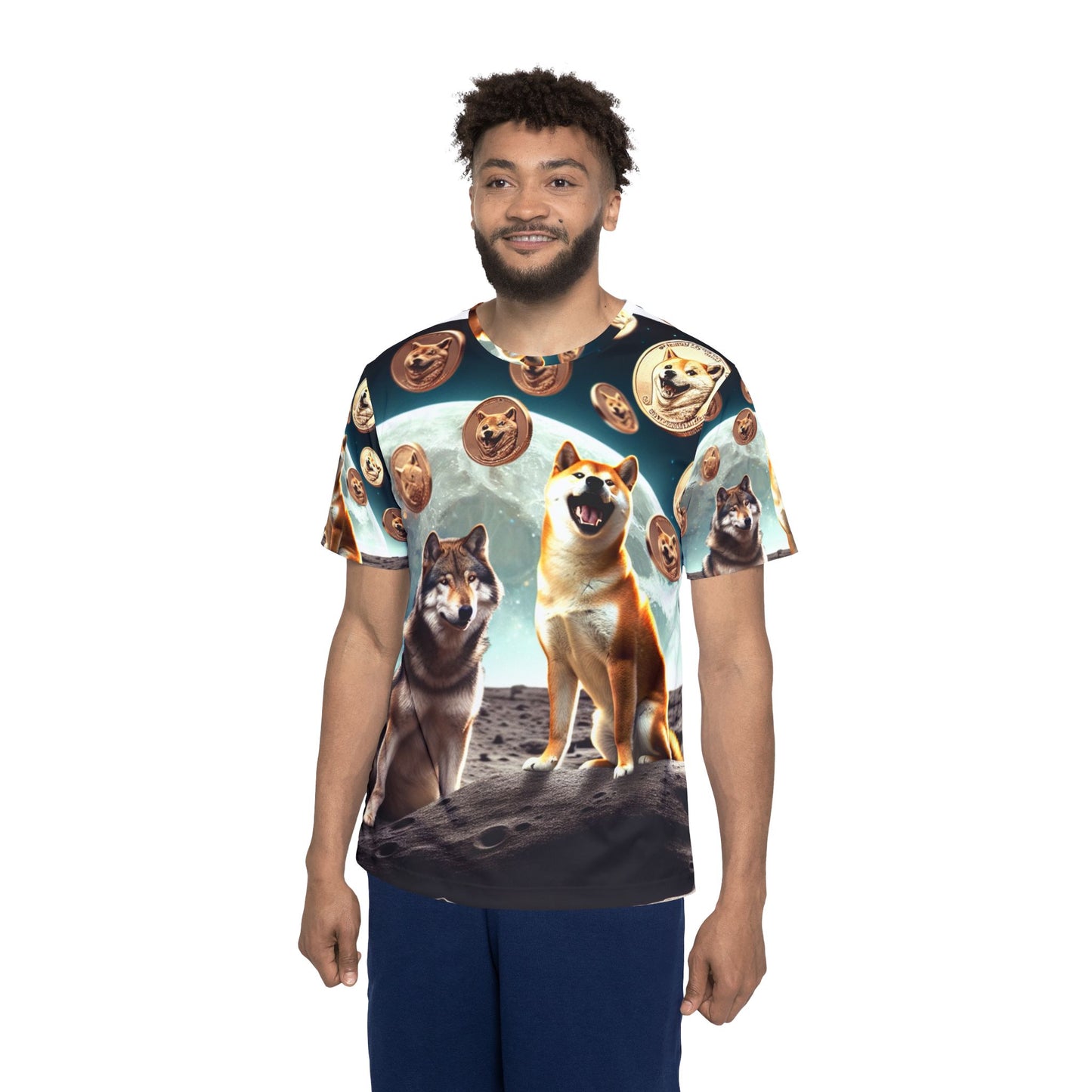 Men's Sports Jersey with Wolf & Shiba Inu Design - Fun Graphic Tee for Dog Lovers