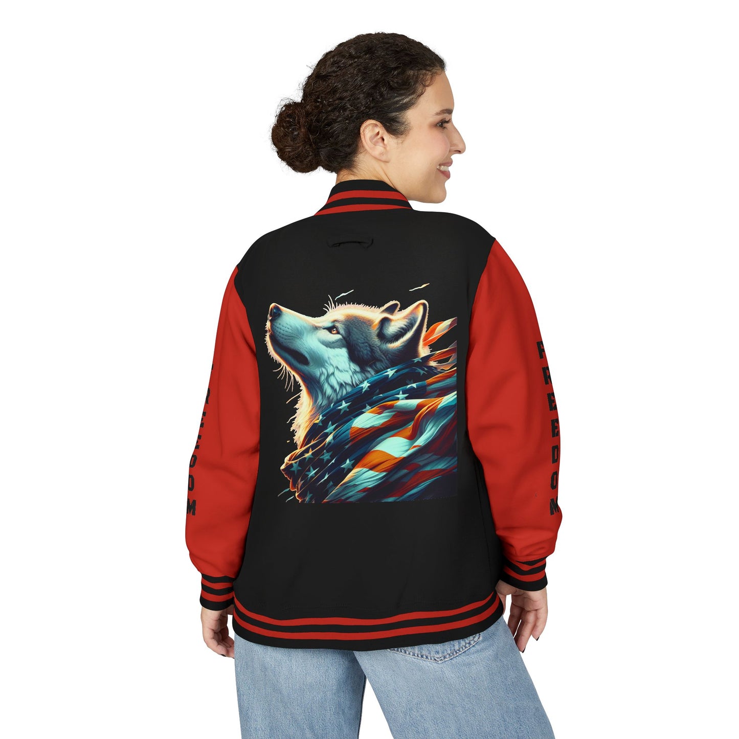 Unisex Heavyweight Letterman Jacket - Freedom Spirit with Wolf and Symbols