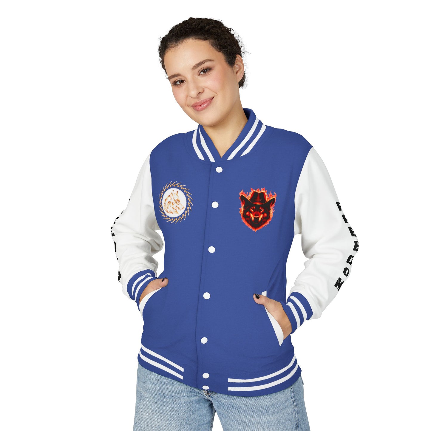 Unisex Heavyweight Letterman Jacket - Freedom Spirit with Wolf and Symbols