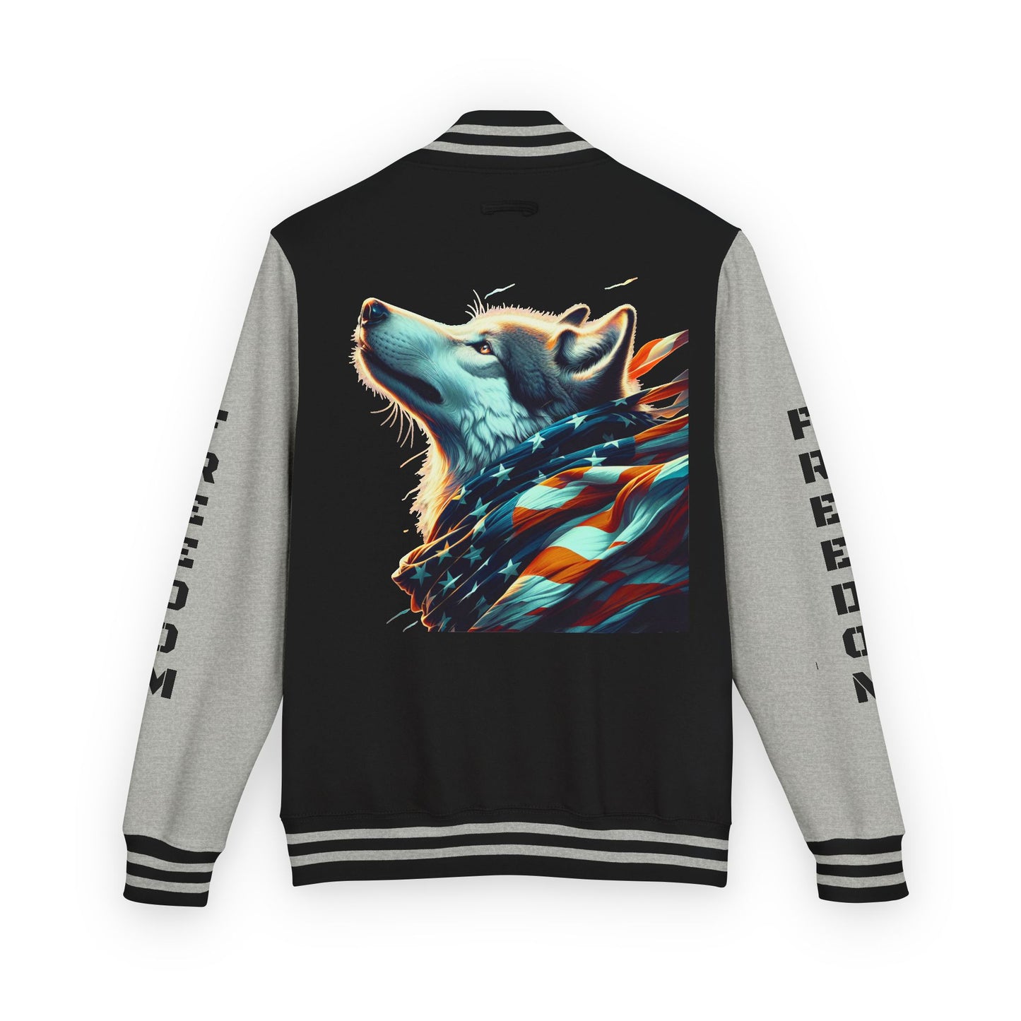 Unisex Heavyweight Letterman Jacket - Freedom Spirit with Wolf and Symbols