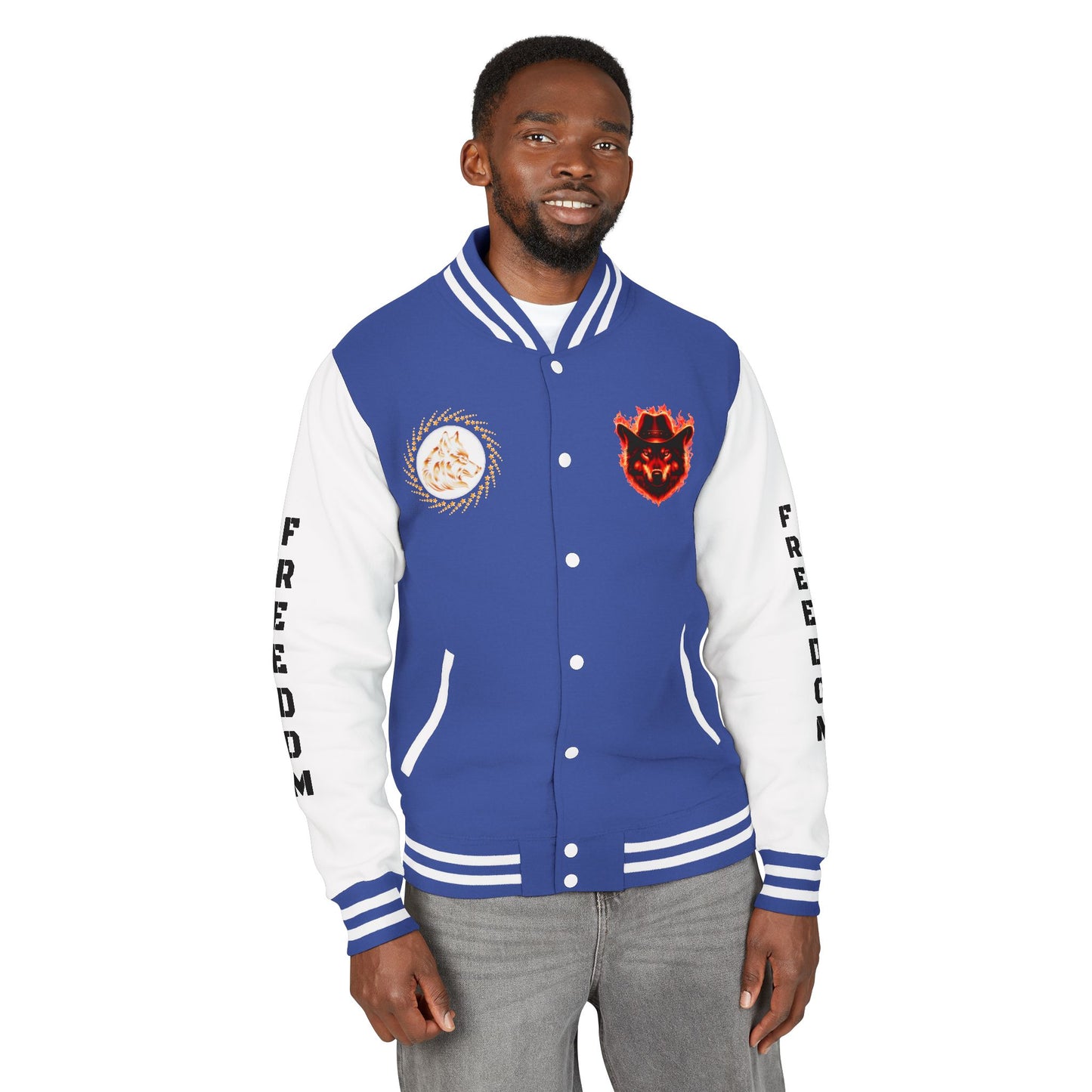 Unisex Heavyweight Letterman Jacket - Freedom Spirit with Wolf and Symbols