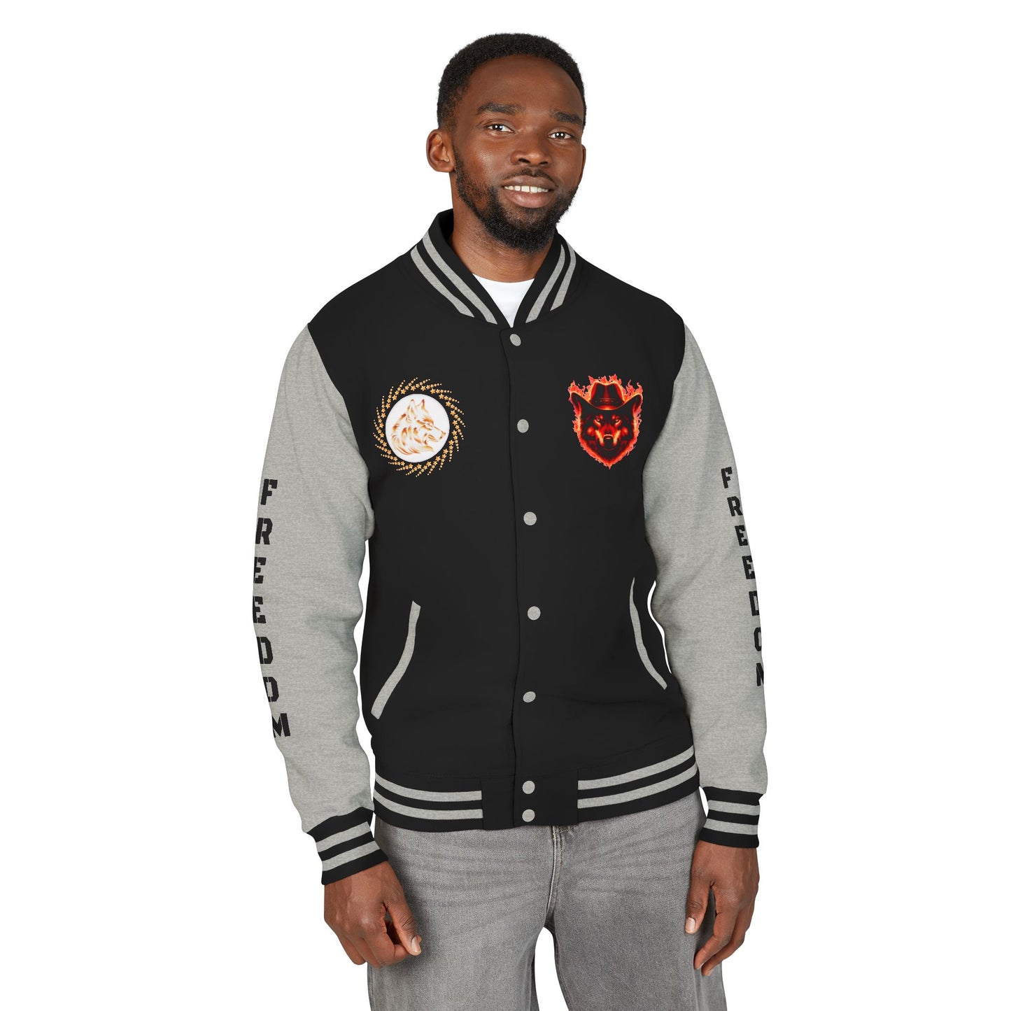 Unisex Heavyweight Letterman Jacket - Freedom Spirit with Wolf and Symbols